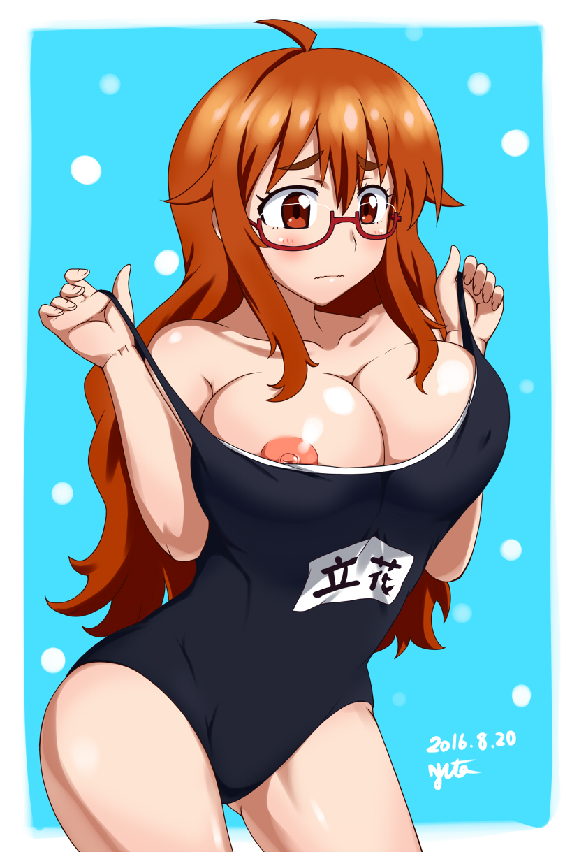 blush breasts brown_eyes brown_hair female glasses kono_bijutsubu_niwa_mondai_ga_aru! large_breasts nipples nishiumi_yuuta solo swimsuit tachibana_yumeko