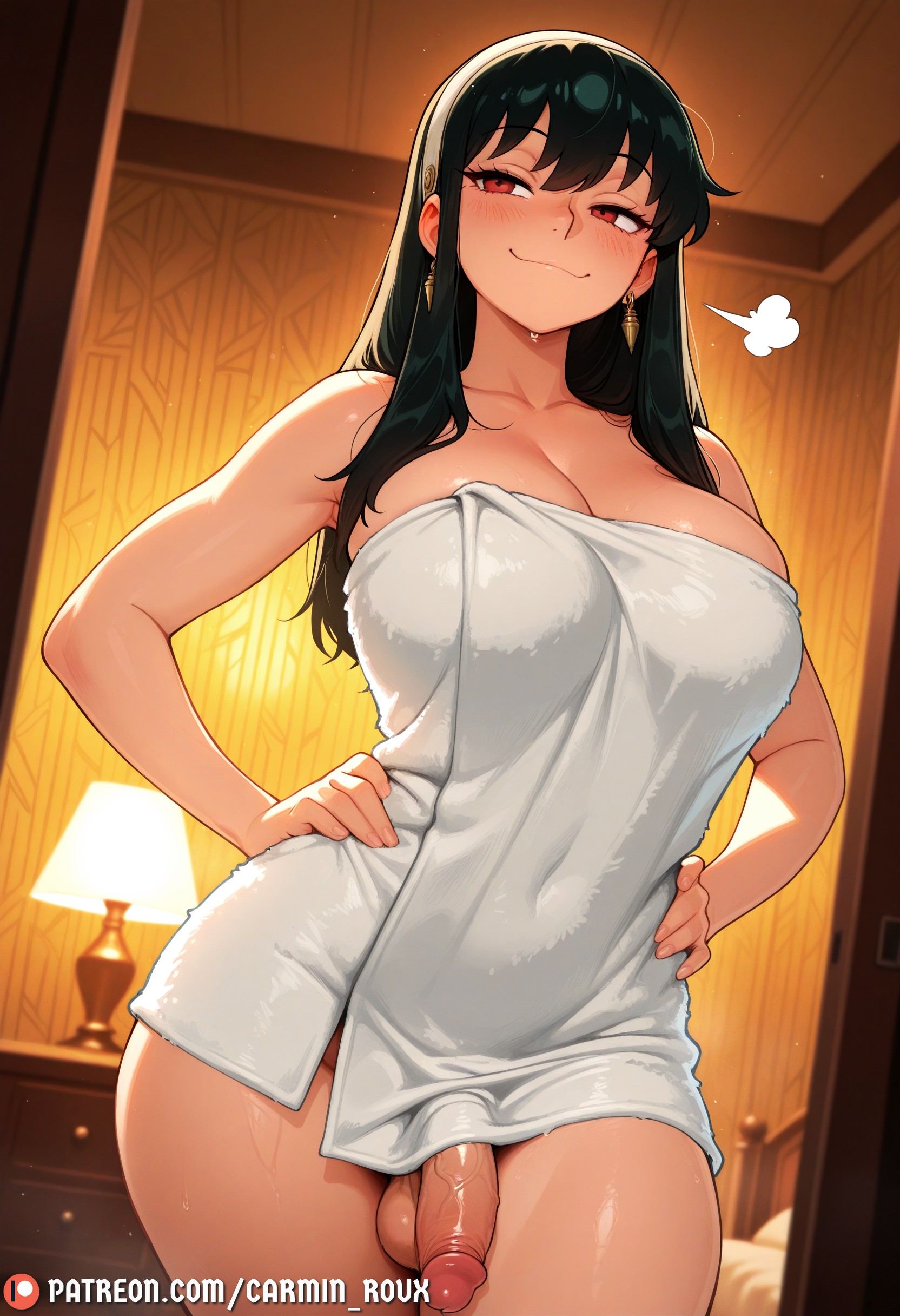 1futa, ai generated, artist name, bare shoulders, bedroom, black hair, blush, breasts, carminroux, cleavage, closed mouth, collarbone, covered navel, cowboy shot, earrings, erection, female, futanari, gold earrings, hairband, hands on own hips, indoors, jewelry, lamp, large breasts, long hair, looking at viewer, naked towel, patreon username, penis, red eyes, sidelocks, smile, smug, solo, spy x family, standing, testicles, thighs, towel, uncensored, veins, veiny penis, web address, wet, yor briar, yor forger