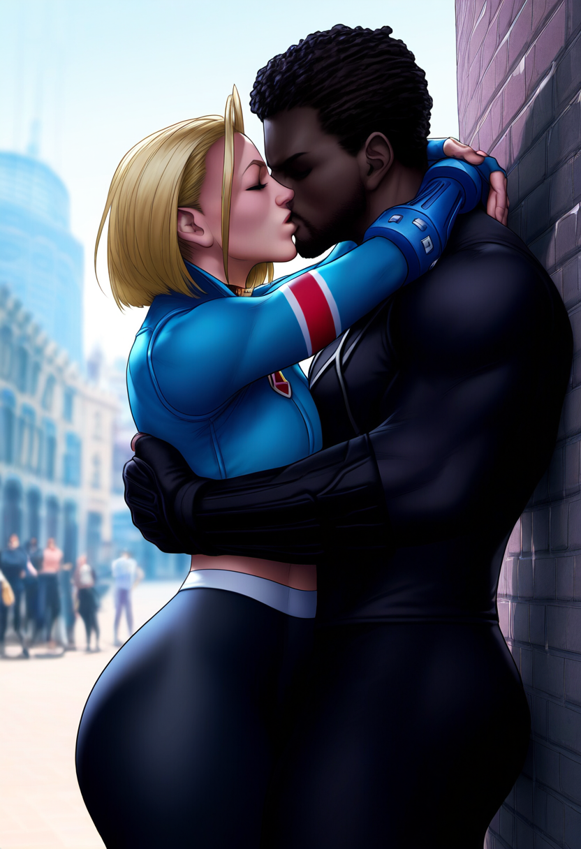 ai_generated big_ass black_panther_(marvel) black_panther_(series) cammy_white capcom crossover dark-skinned_male height_difference interracial kissing light-skinned_female marvel self_upload selvokaz street_fighter_6 t'challa