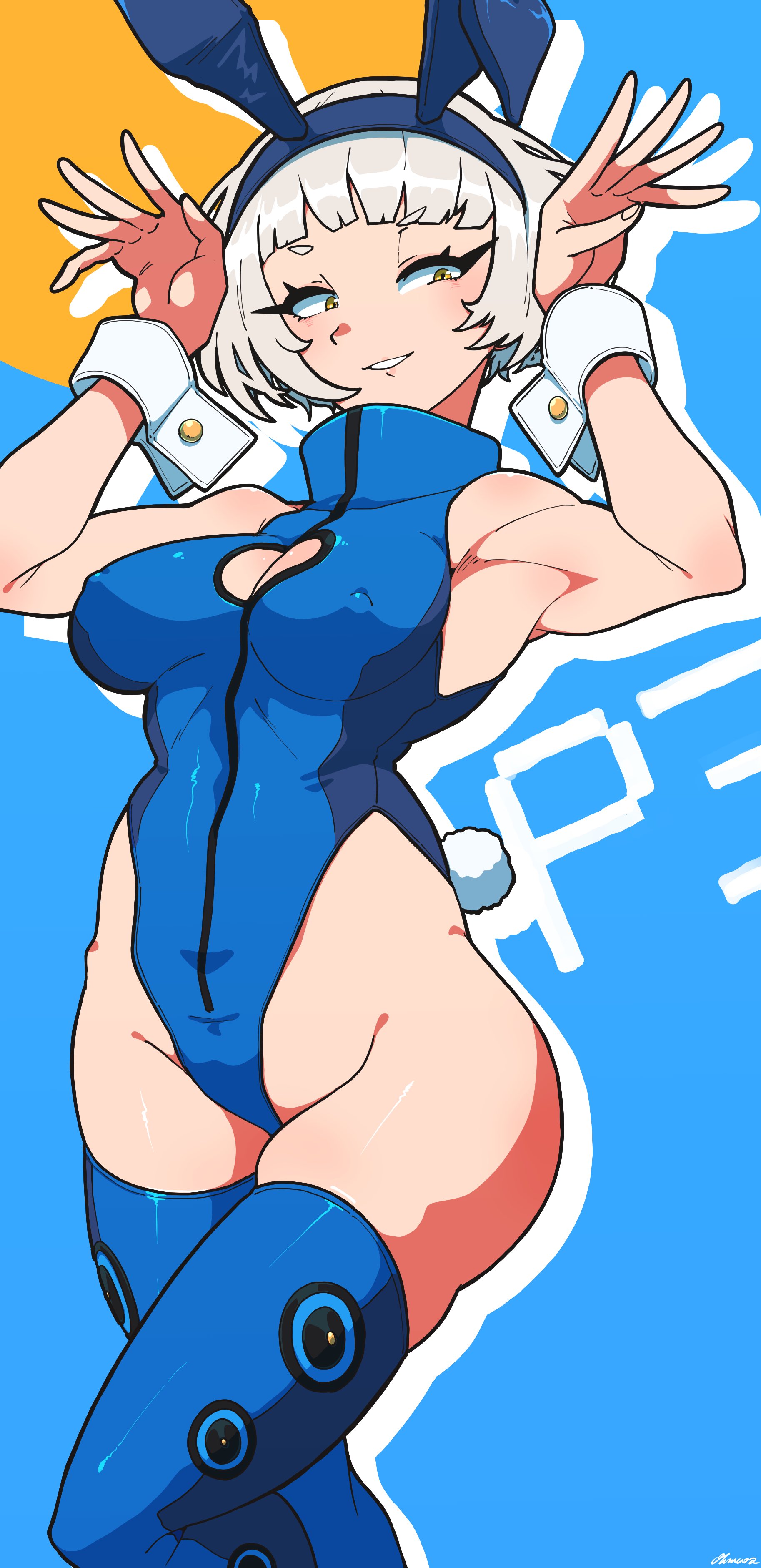 1girls, absurdres, breasts, brown eyes, cleavage, cleavage cutout, clothing cutout, collar, covered erect nipples, elizabeth (persona), female, grey hair, hair ornament, hairband, highres, leotard, looking at viewer, omura zojiki, persona, persona 3, rabbit ears, rabbit hair ornament, rabbit tail, smile, thick thighs, thighhighs, thighs, urusei yatsura, wrist cuffs