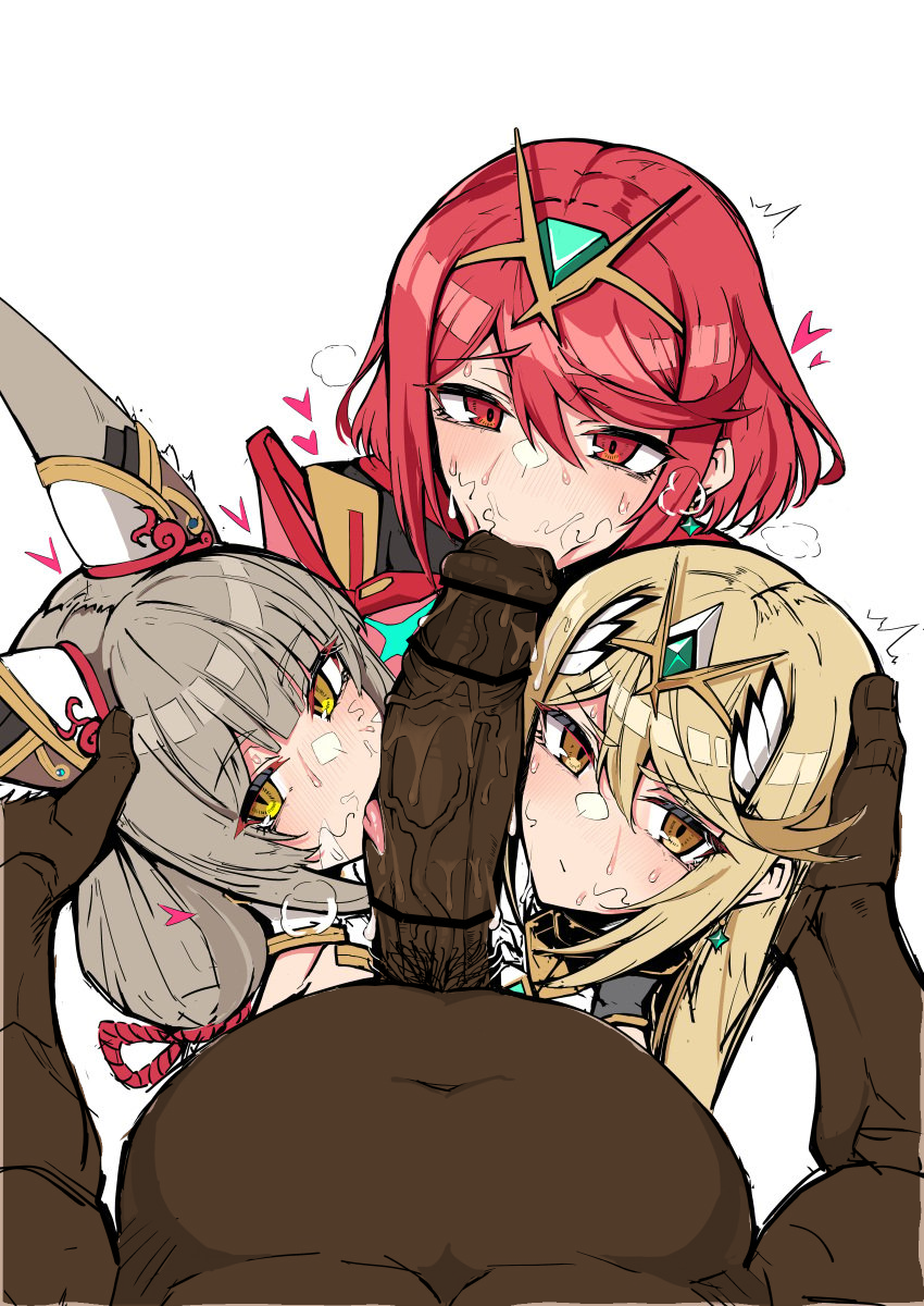 1boy 3girls big_penis blowjob collaborative_fellatio dark-skinned_male edit foursome gatyo_5 mythra nia nia_(blade) nintendo pyra xenoblade_(series) xenoblade_chronicles_2