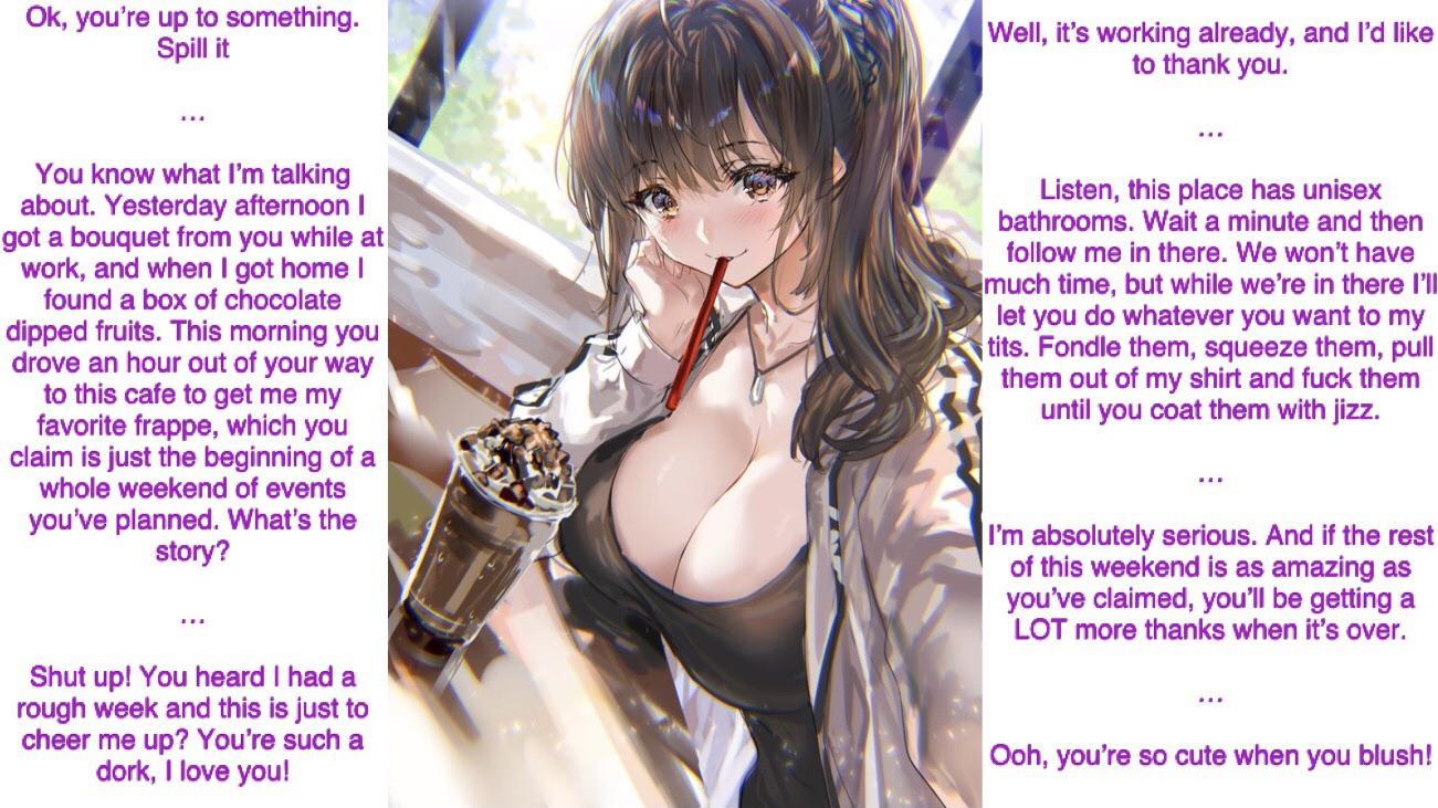 1girls black_shirt blush breasts brown_eyes brown_hair caption cleavage drinking_straw drinking_straw_in_mouth english_text food girlfriend head_rest highres imminent_paizuri implied_sex jacket jewelry large_breasts long_hair long_sleeves looking_at_viewer necklace original parted_lips ponytail ran'ou_(tamago_no_kimi) shirt smile solo talking_to_viewer teasing_viewer upper_body white_jacket wholesome