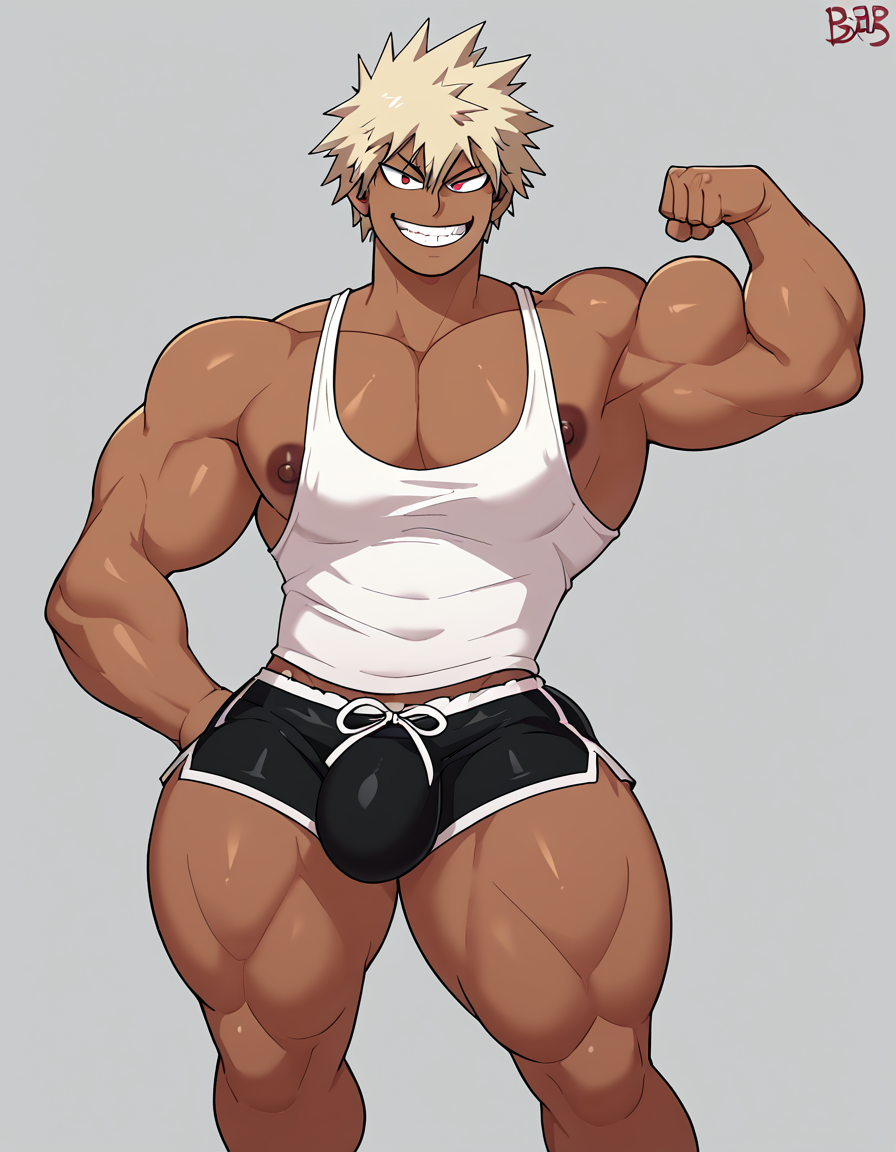 ai_generated bakugou_katsuki big_bulge big_nipples big_pecs boku_no_hero_academia bulge dark-skinned_male dark_skin flexing human_only katsuki_bakugou large_pectorals looking_at_viewer male male_only muscular muscular_male my_hero_academia nipples posing self_upload smile sole_male solo solo_focus tank_top thick_thighs