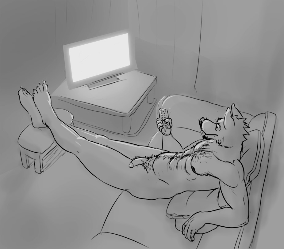 1boy 2015 5_toes anthro canine controller flaccid greyscale high-angle_view male male_only mammal monochrome nude osos penis reclining relaxing remote_control sketch sofa solo television toes wolf