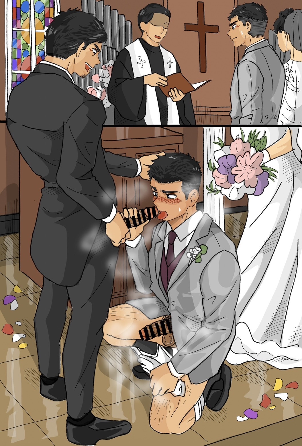 1girls, 3boys, age difference, balls, beard stubble, big penis, big penis adoration, bisexual, bisexual male, black hair, blowjob, blush, blushing profusely, bottomless, bouquet, bride, bride gown, bride veil, brown eyes, censor bar, censored, censored penis, church, church interior, church sex, corsage, couple, cross, dark penis, domination, erection, eyeless female, eyeless male, father, father and son, fellatio, female, flower petals, foreskin, foreskin folds, frown, full body, gay, grey eyes, groom, hi res, holding penis, huge cock, imokuma, incest, indoors, kneeling, kneeling oral position, laugh, leg hair, long penis, looking at penis, male, male focus, male/male, married couple, mature male, musk, musk clouds, musky cock, ntr, oral, oral sex, original, original character, pants down, penis, penis bigger than head, pointless censoring, polyamory, priest, pubic hair, public, public indecency, public sex, retracted foreskin, sex, shaved side, short hair, son, stained glass, standing, steam, steamy breath, steamy penis, straight to gay, submissive, suit, suit and tie, sweat, sweatdrop, thick penis, third wheel, tiled floor, tongue out, tuxedo, uncircumcised, uncut, unfaithful, veiny penis, wedding, wedding dress, yaoi