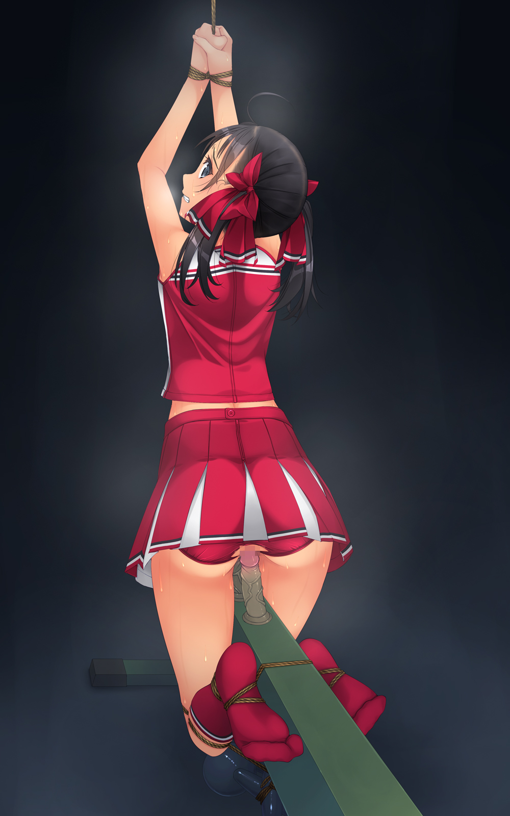 anal anus arms_up ass back black_hair blue_eyes blush bondage bound censored cheerleader clenched_teeth crop_top dildo double_insertion f-ism female from_behind hair_ribbon highres knee_socks kneehighs kneesocks long_hair looking_at_viewer looking_back murakami_suigun no_shoes object_insertion original panties red_legwear red_panties red_socks ribbon rope skirt sleeveless socks solo sweat teeth tied_hair toe_claws torn_clothes torn_panties twintails underwear vaginal_penetration