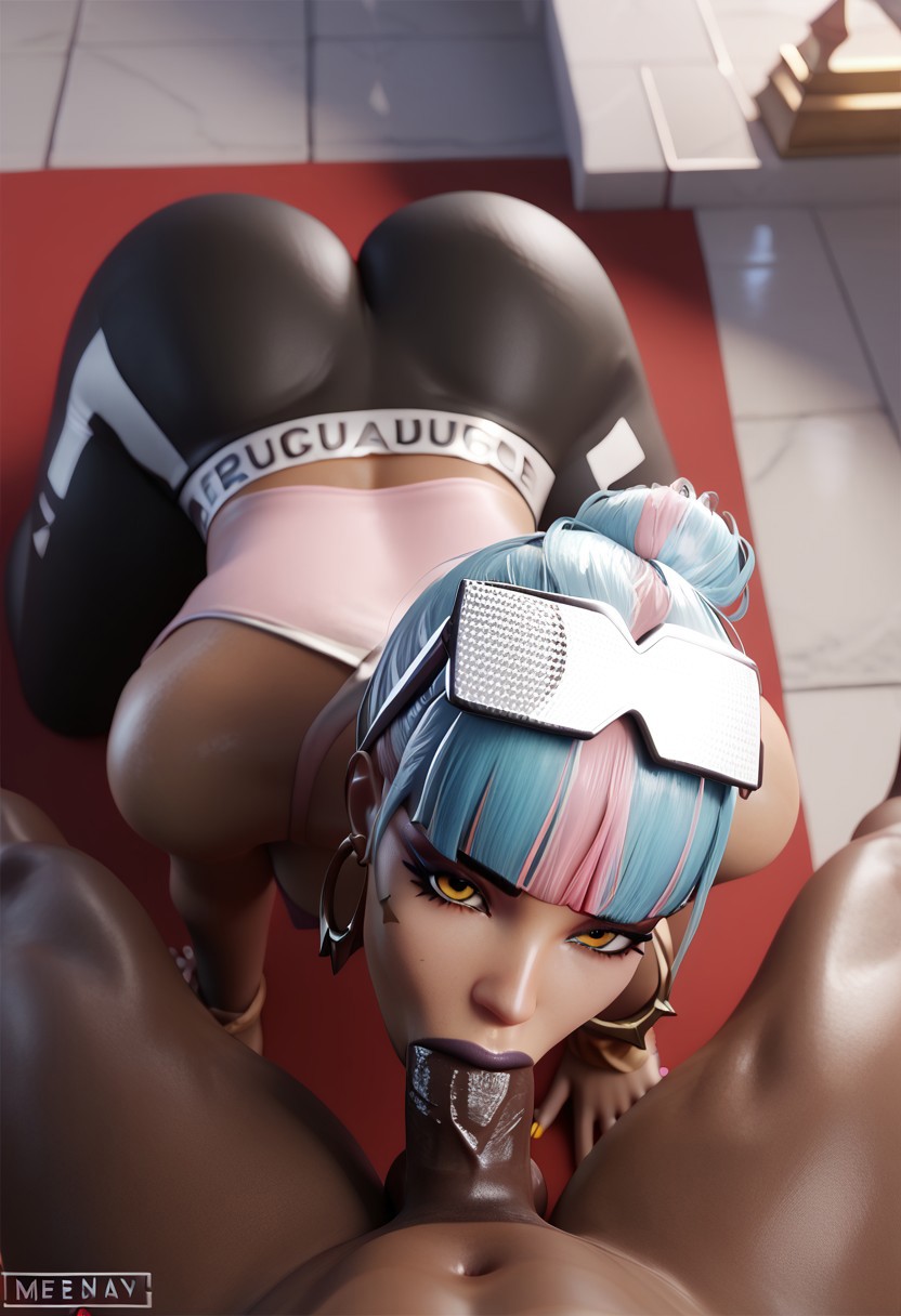 ai_generated big_ass blowjob clothing curvy dark-skinned_female dark-skinned_male deepthroat dreamcuc interracial league_of_legends looking_at_viewer male male_pov oral_sex penis qiyana_yunalai sucking_penis thick_thighs tight_clothing true_damage_qiyana true_damage_series wide_hips