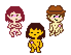 1girls 2boys 2boys1girl 3humans accurate_art_style big_dick chara clover_(undertale_yellow) cute embarrassed embarrassed_nude_female enf female_chara frisk ghost human_only nude nude_female nude_male pixel_art small_body smug smug_face sprite undertale undertale_au undertale_red_and_yellow undertale_yellow