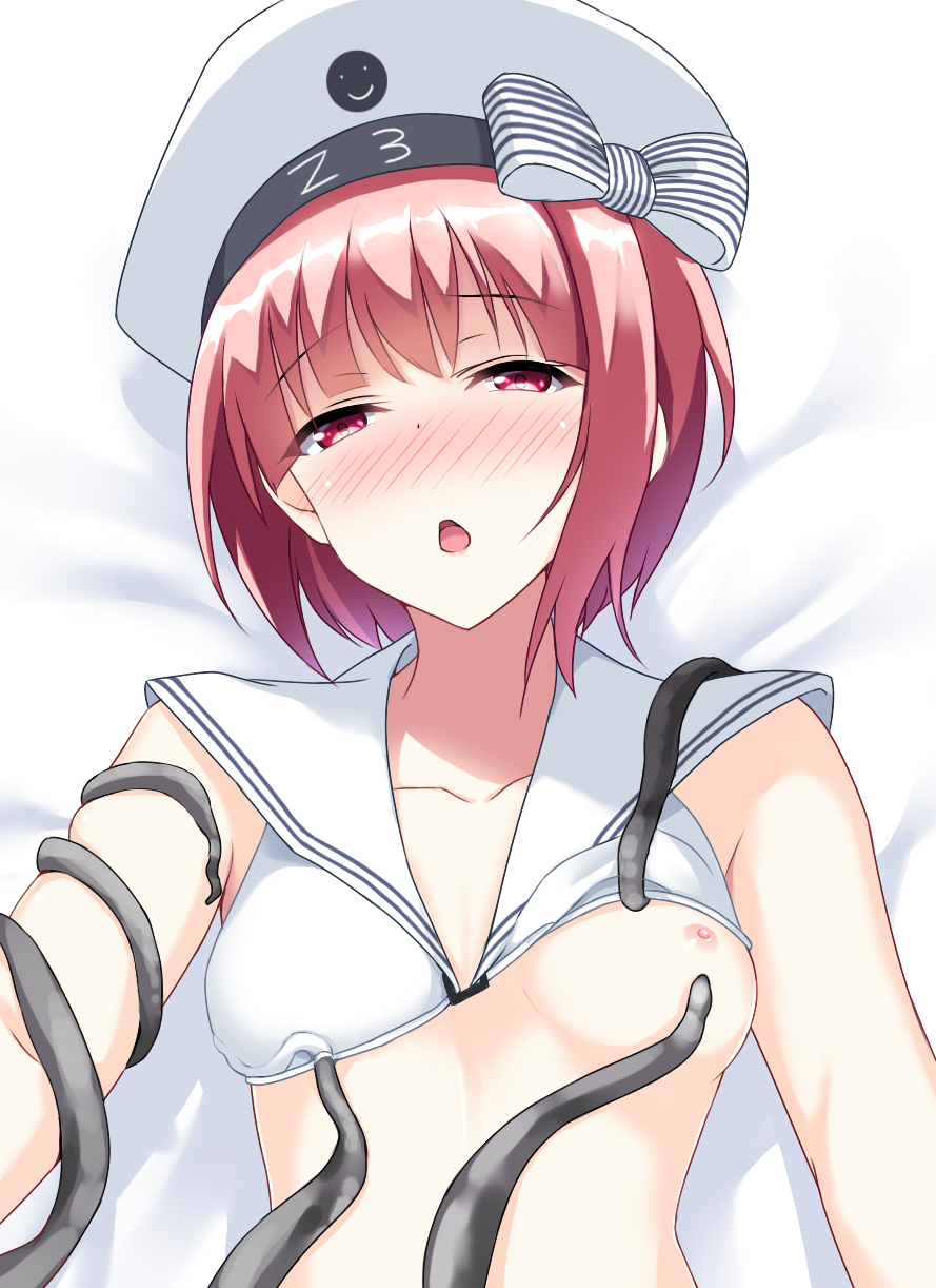 bikini blush breasts brown_eyes brown_hair clothing cocona_(coconacafe) female hat kantai_collection nipples open_mouth red_eyes red_hair short_hair small_breasts solo tentacle z3_max_schultz_(kantai_collection)