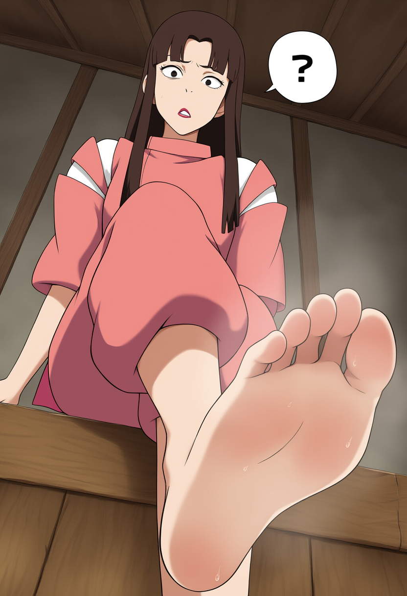 ai_generated barefoot brown_hair confused female from_below jinbei_(clothing) lin_(spirited_away) looking_at_viewer pov sitting smell soles spirited_away steam sweat