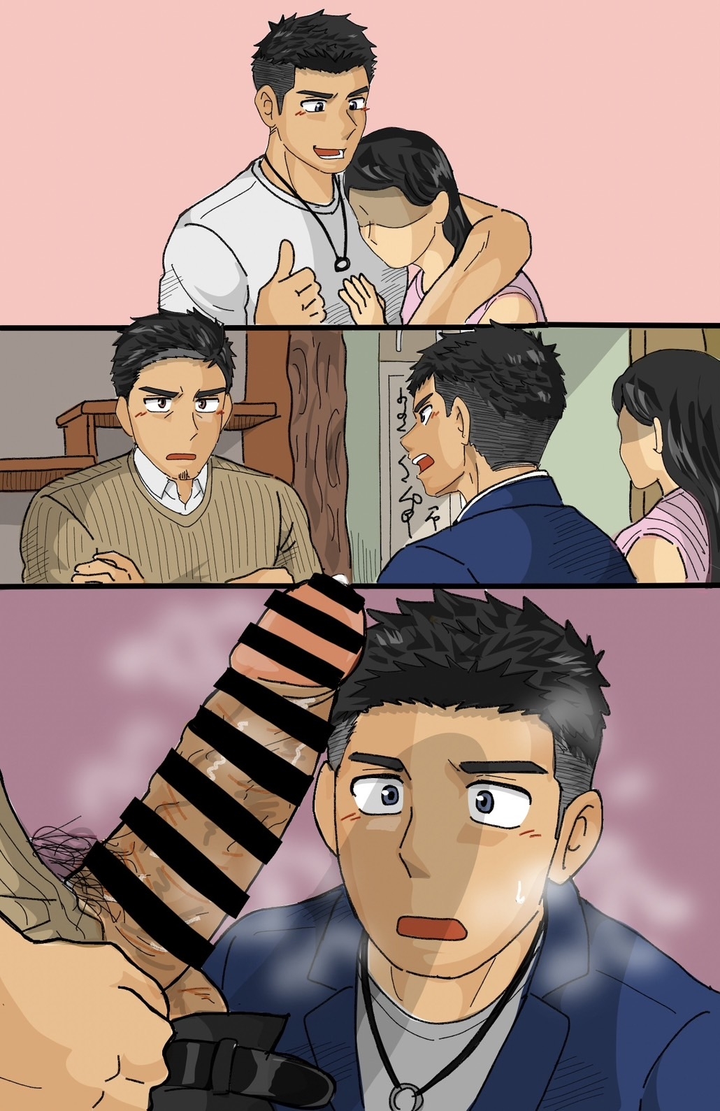 1girls, 2boys, 2boys1girl, age difference, beard stubble, big penis, big penis adoration, black hair, blush, brown eyes, censor bar, censored, censored penis, couple, dark penis, erection, eyeless female, father, father and son, female, foreskin, foreskin folds, frown, gay, grey eyes, hi res, huge cock, hugging, imminent fellatio, imminent oral, imminent sex, imokuma, incest, indoors, japanese house, long hair, long penis, looking at penis, male, male focus, male/male, marriage proposal, mature male, musk, musk clouds, musky cock, necklace, negotiations, ntr, original, original character, pants down, penis, penis bigger than head, penis out, pink background, pointless censoring, precum, precum bubble, pubic hair, purple background, retracted foreskin, scroll, shaved side, shocked, short hair, simple background, son, steam, steamy penis, straight to gay, sweat, sweatdrop, thick penis, thumbs up, uncircumcised, uncut, unfaithful, veiny penis, wide eyed, yaoi