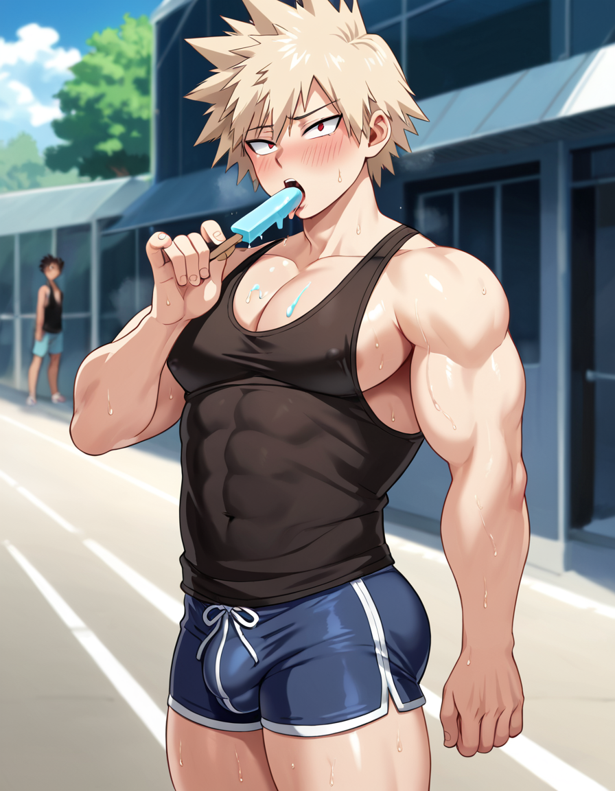 abs ai_generated bakugou_katsuki big_ass big_pecs blush blush bulge katsuki_bakugou licking licking_popsicle male_focus muscular muscular_male popsicle public seductive_look self_upload short_shorts solo solo_focus tank_top tight_clothing