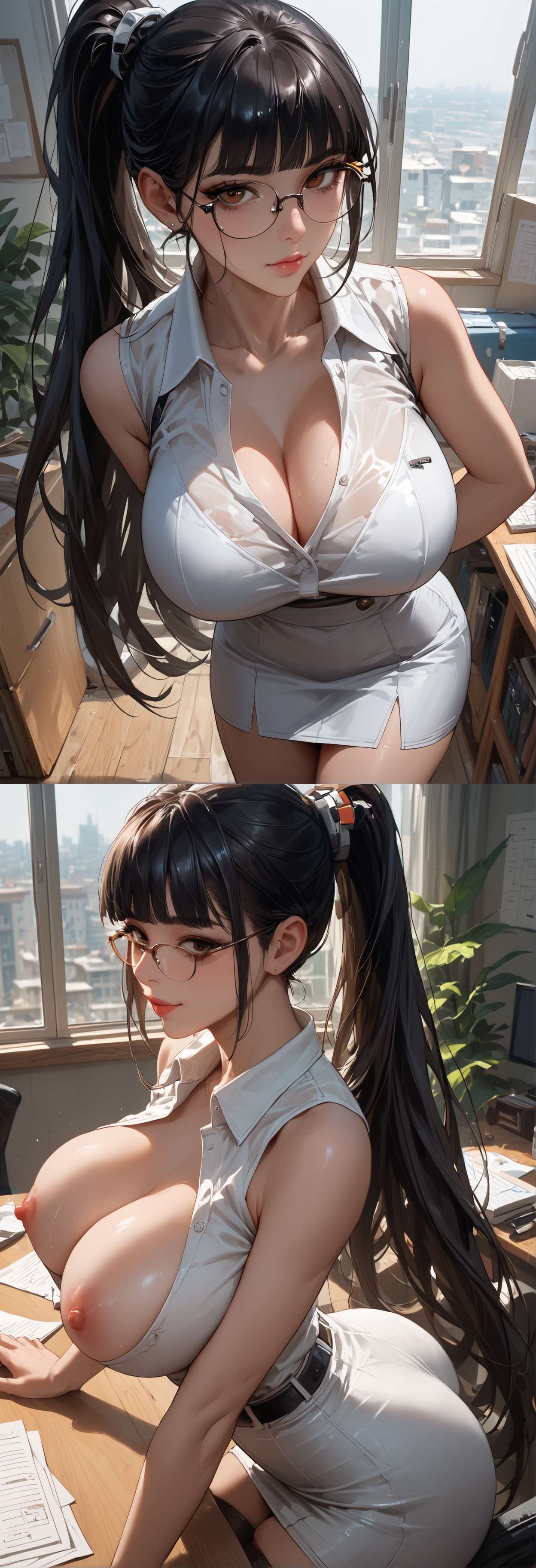 ai_generated eve_(stellar_blade) exposed_breasts first_rate_female_body glasses large_ass large_breasts looking_at_viewer miniskirt office office_lady perfect_body poor_quality poorly_drawn poorly_tagged