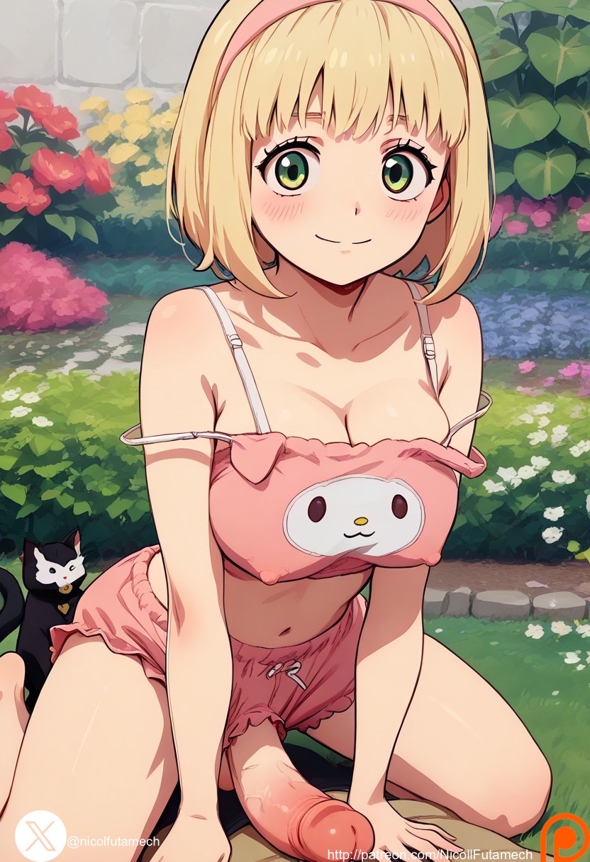 ai_generated ao_no_exorcist big_penis futanari medium_breasts moriyama_shiemi outside sexy_body sitting yellow_hair