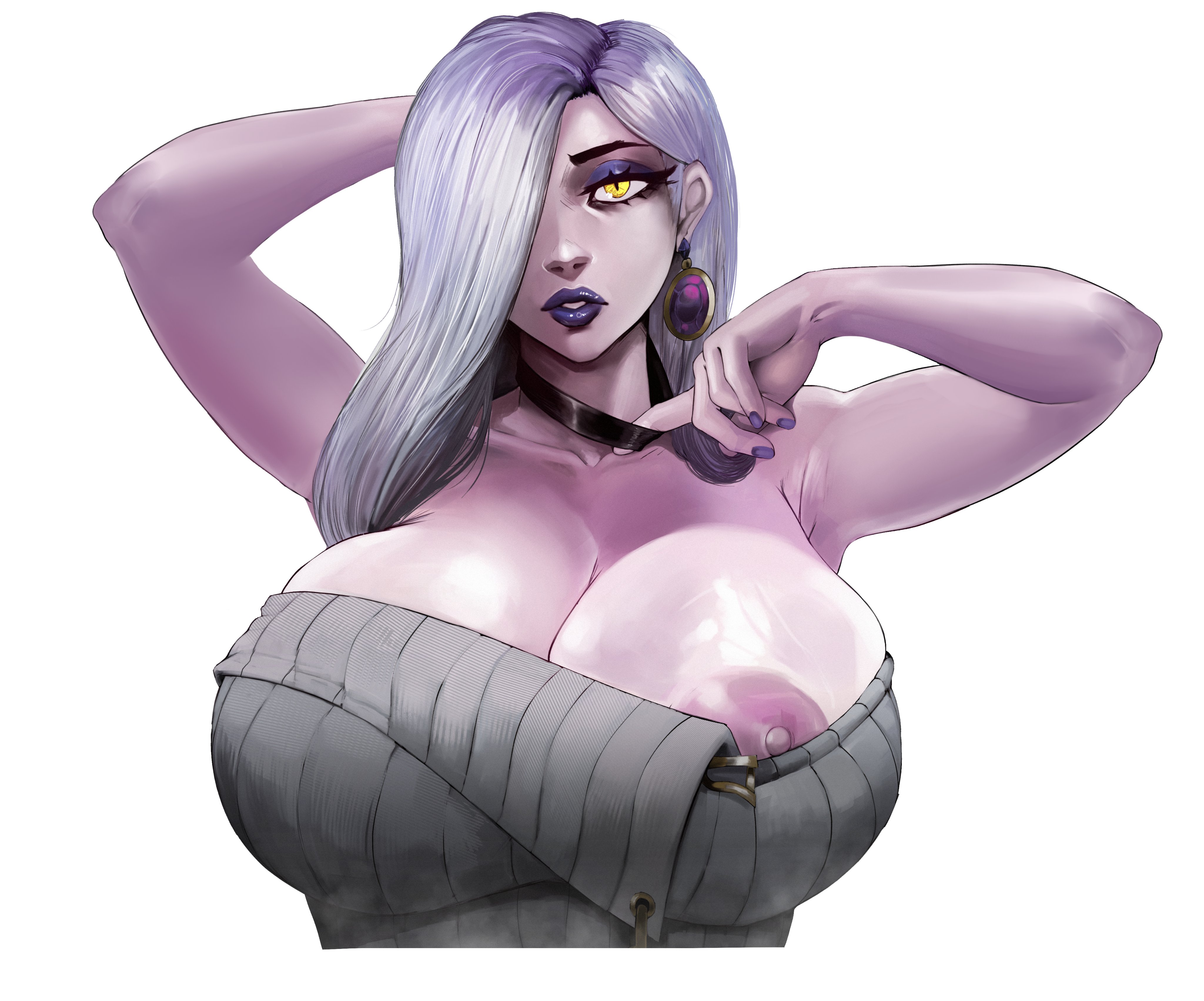 1girls, absurd res, areola slip, areolae slip, breasts, cleavage, fate (series), female, female focus, female only, hebinyobo (fate grand order), hebinyobo (second ascension), hi res, huge breasts, large breasts, looking at viewer, nipple slip, nyuunzi, omi-san (fate), purple lipstick, purple nails, solo, solo female, wardrobe malfunction, white background, yellow eyes