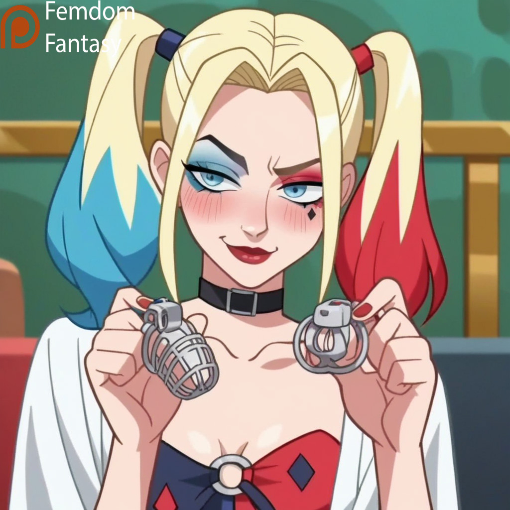 1girls ai_generated another cage chastity cocky dc_comics device dominant domination dominatrix female femdom femdomfantasyai harley_quinn locked offering only slave smile solo submissive_male to viewer