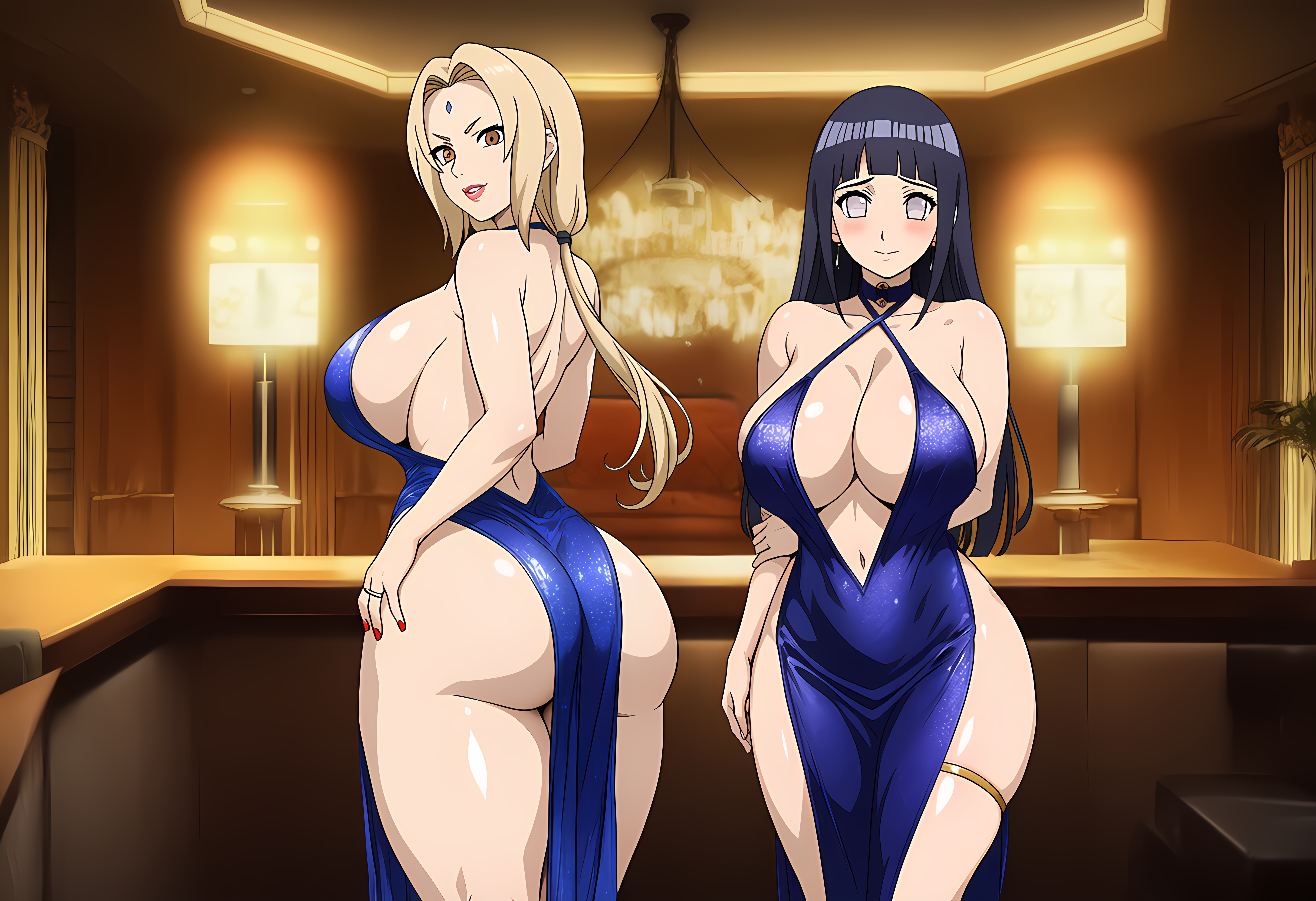 ai generated, ass, ass focus, black hair, blonde hair, breasts, breasts focus, cleavage, cocktail dress, dress, exposed navel, female, female only, huge ass, huge breasts, hyuuga hinata, naruto, naruto (series), no bra, no panties, pelvic curtain, plunging neckline, sideboob, tsunade
