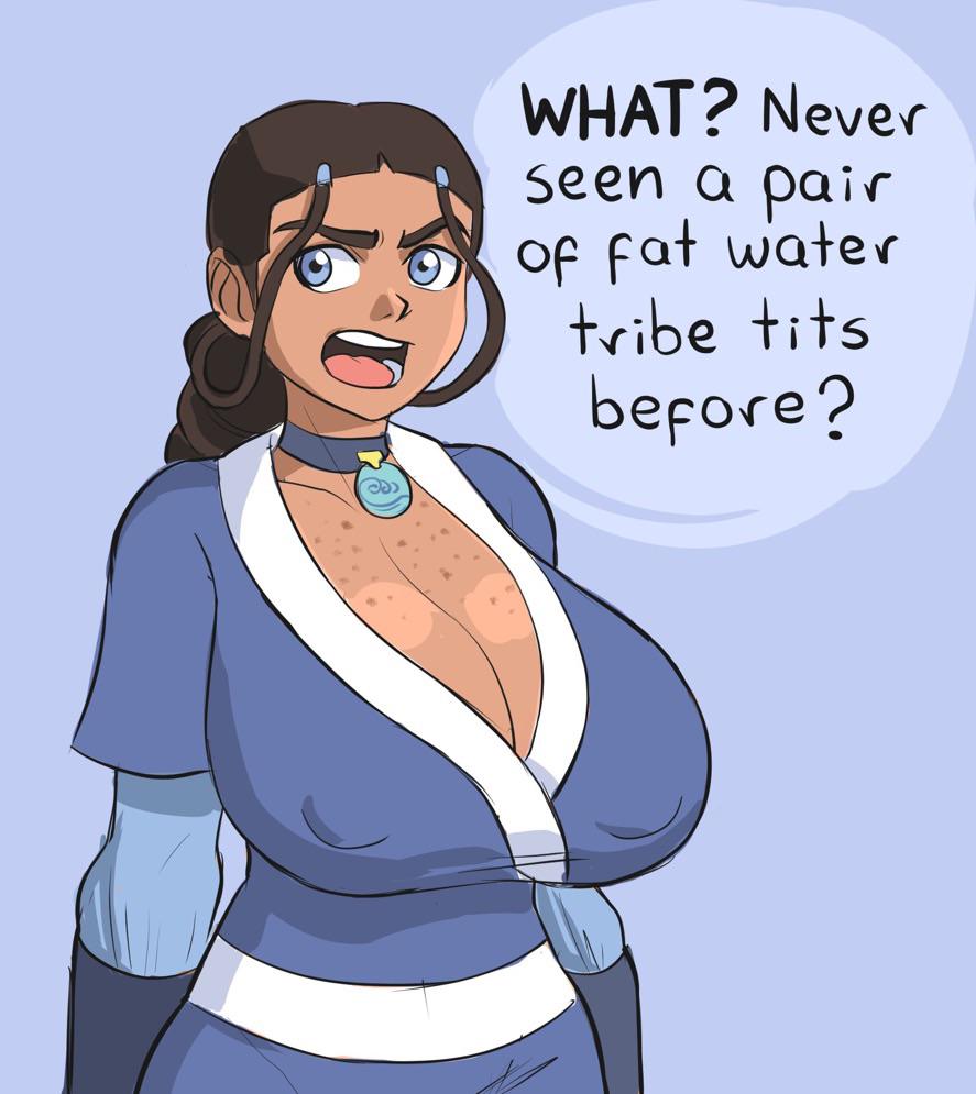 1girls, annoyed, artist request, avatar the last airbender, blue eyes, braided ponytail, breasts, breasts bigger than head, brown-skinned female, busty, casual nudity, choker, cleavage, clothed, clothed female, dark-skinned female, dialogue, english text, female, female focus, female only, freckles, freckles on breasts, gigantic breasts, huge breasts, katara, large breasts, looking at viewer, necklace, nipple bulge, nipples visible through clothing, no bra, revealing clothes, simple background, solo, solo female, solo focus, source request, speech bubble, tribal, tribal necklace, upper body, water tribe