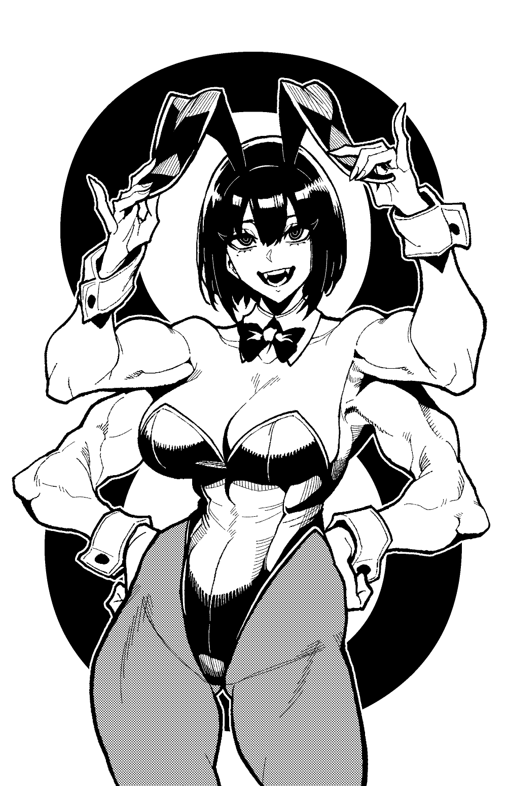 1girls, abs, absurdres, alien, alien girl, ass, ass visible through thighs, beauty mark, biceps, big breasts, bow, bowtie, breasts, bunny ears, bunnysuit, cleavage, detached collar, extra arms, eyelashes, female, female only, fingernails, four arms, gloves, greyscale, hair between eyes, hand on hip, highres, hips, hips wider than shoulders, huge breasts, leotard, looking at viewer, medium hair, mommy, monochrome, muscle mommy, muscular, muscular female, oc, original, original character, short hair, sideboob, simple background, smile, solo, strong female, symbol-shaped pupils, thick thighs, thighs, websake, wrist cuffs