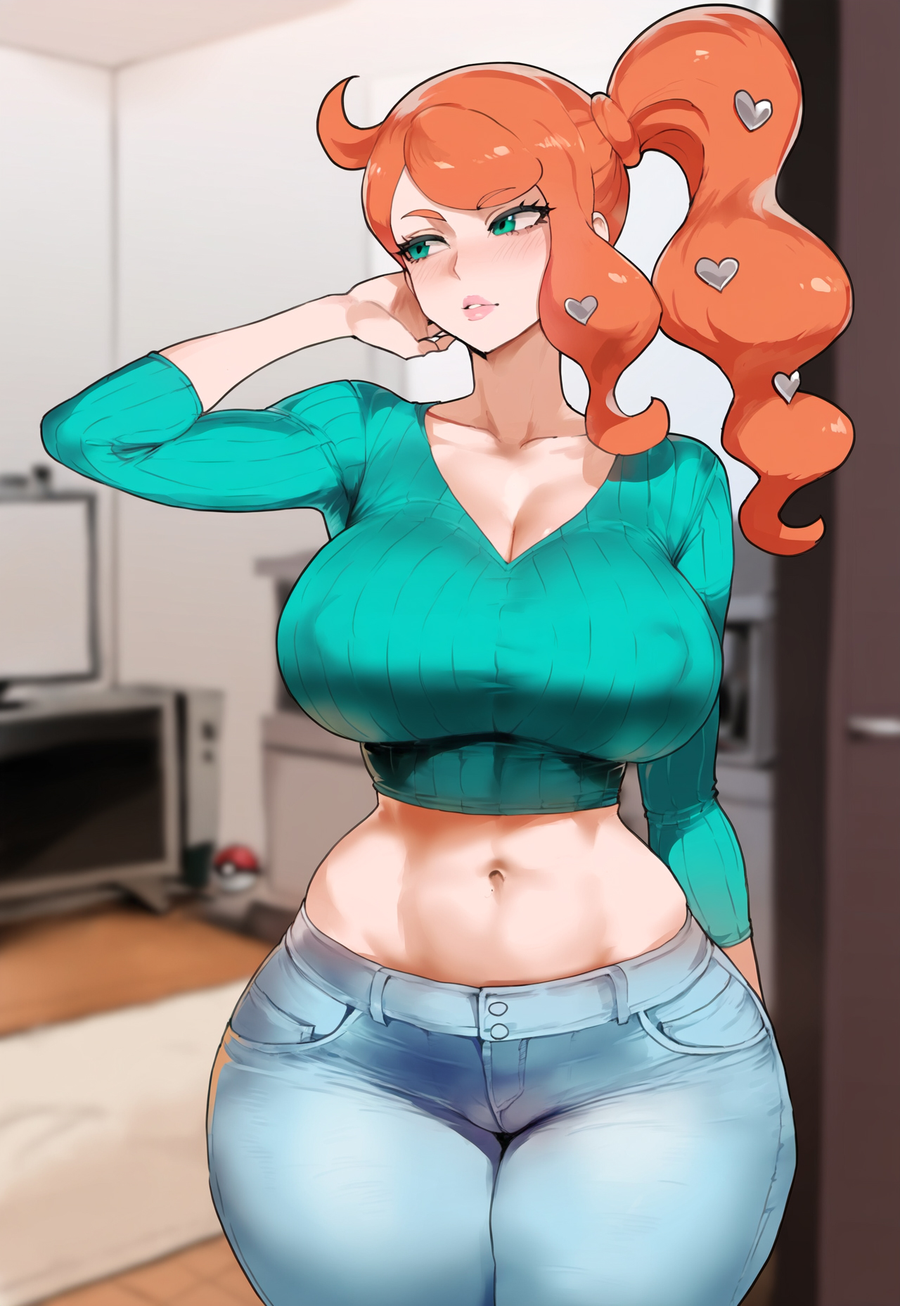 1girls, ai generated, aqua eyes, artstyle imitation, breasts, female, floox, game freak, hi res, high resolution, huge breasts, large breasts, light skin, light-skinned female, long hair, nintendo, orange hair, pokemon, pokemon ss, side ponytail, sonia (pokemon), stable diffusion, thick thighs, wide hips