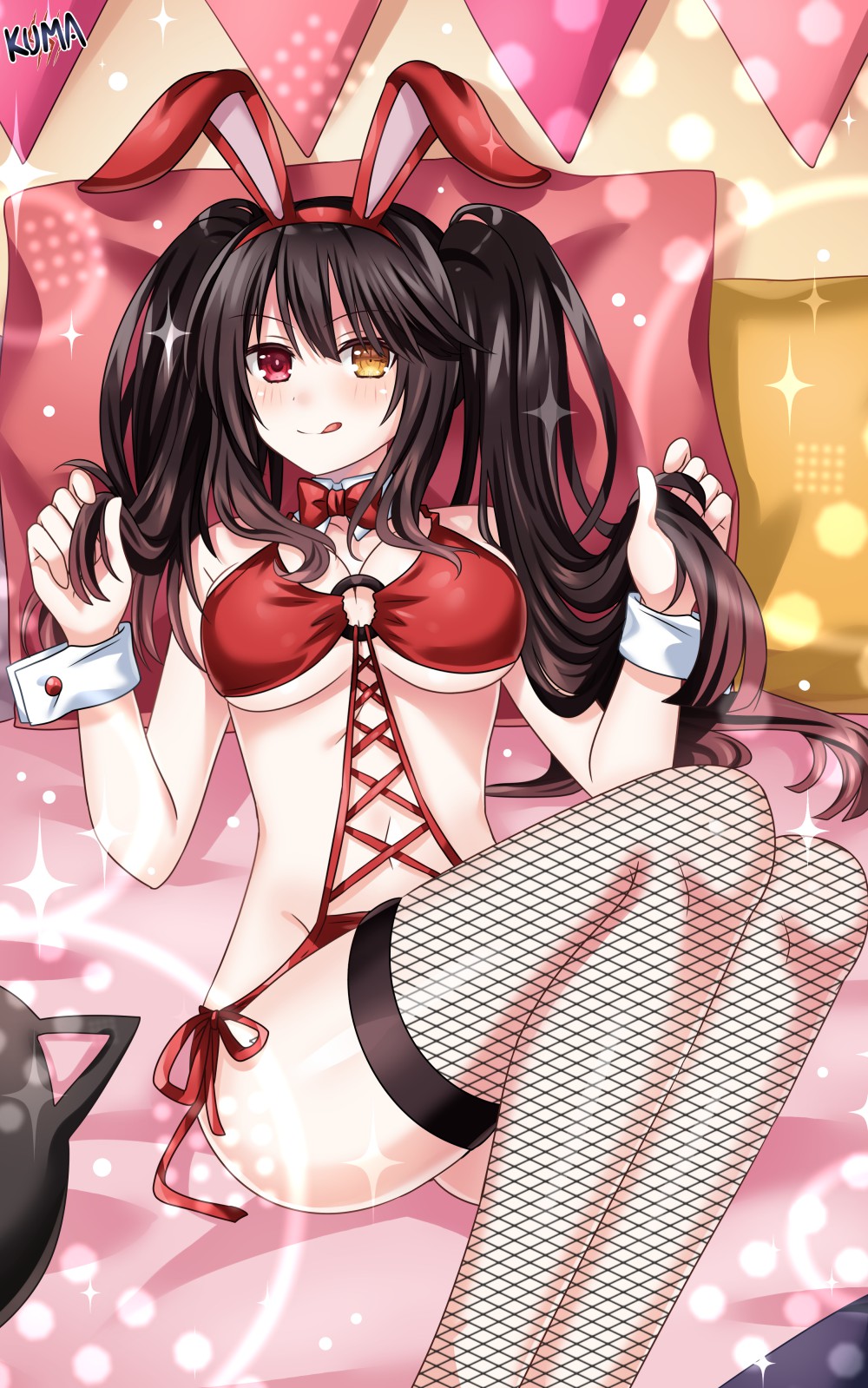 2d ass bed black_hair breasts bunny_ears bunnysuit date_a_live exposed_ass heterochromia lewdkuma light-skinned_female lingerie red_hair thighs tokisaki_kurumi twintails