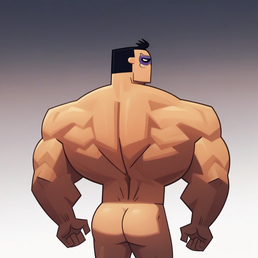 1boy ai_generated ass back_view big_muscles black_eyes black_hair dilf gay gradient_background male male_only mask maxum_man muscular nude nude_male sidekick_(series) solo solo_male user_zhfj2523