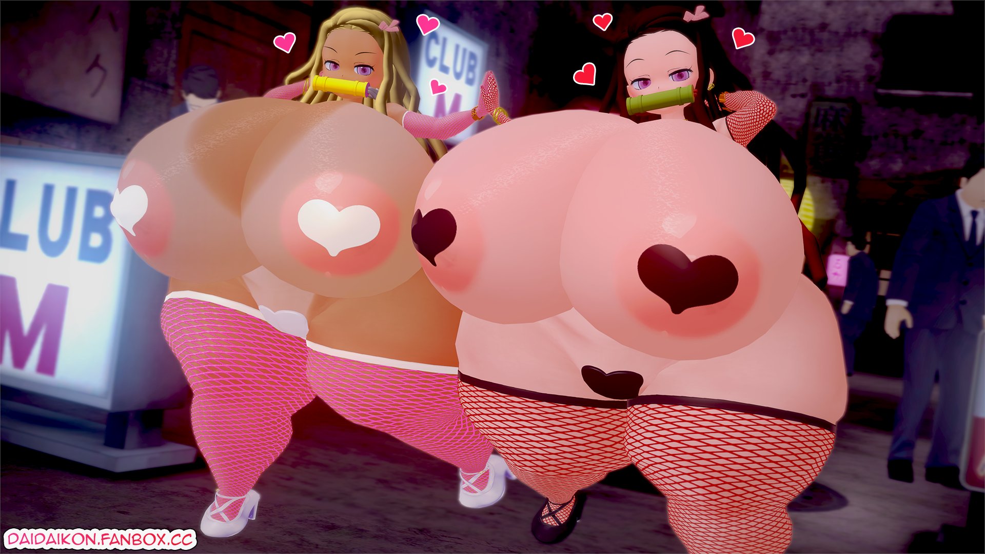 ass, bimbo, black hair, blonde hair, brat, breasts, daidaikon, demon, demon slayer, female, fishnets, hearts around head, high heels, hyper, hyper ass, hyper breasts, kamado nezuko, leggings, nezuko kamado, pasties, shortstack, tan body, tanline, thick thighs, thighhighs, thighs