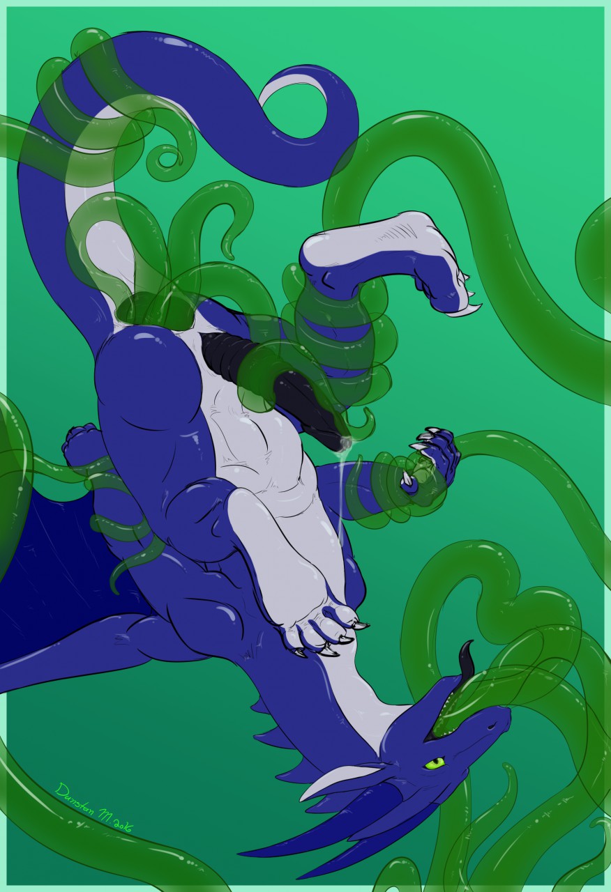 all_the_way_through anal anus blue_scales dragon dunstanmarshall feral firondraak gaping gaping_anus horn large_insertion male male_only oral penetration penis precum scales stomach_bulge tentacle tentacle_bondage upside-down