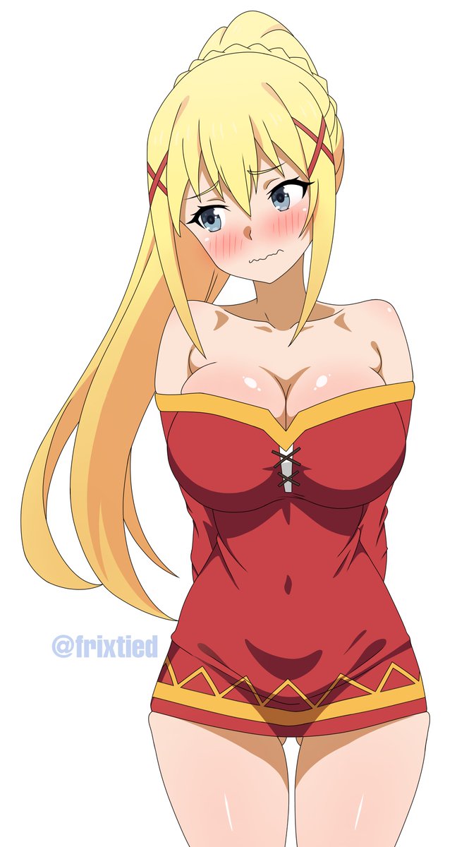 ass, big ass, big breasts, big butt, big thighs, big titties, breasts, canonical scene, clothing, curvaceous, curvaceous female, curvaceous figure, curvy, curvy figure, curvy hips, darkness (konosuba), dress, female, female focus, female only, frixtied, kono subarashii sekai ni shukufuku wo!, konosuba, long hair, looking at viewer, megumin (cosplay), yellow hair