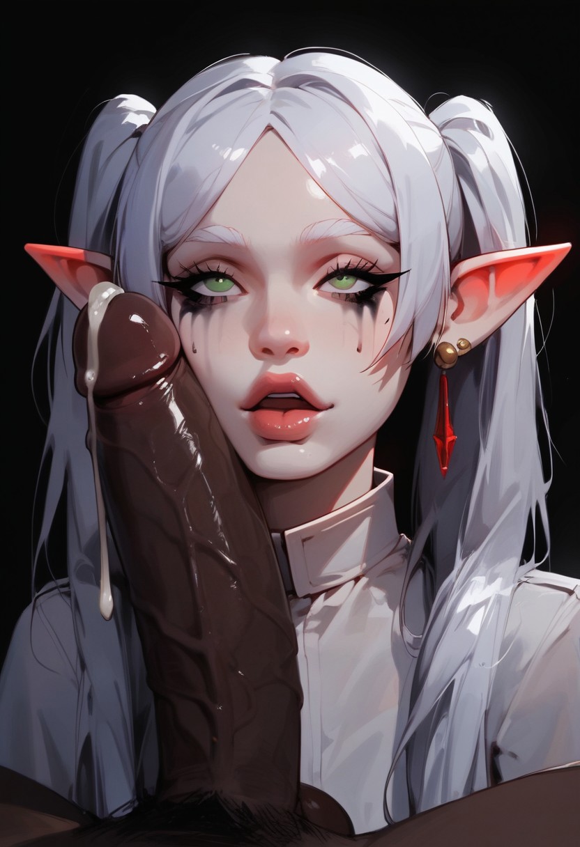 1boy, 1girls, ai generated, big penis, cum, cum drip, dark skin, dark-skinned male, elf, elf ears, elf female, erection, female, frieren, green eyes, huge cock, interracial, large penis, male, penis, pointy ears, precum, sousou no frieren, white hair