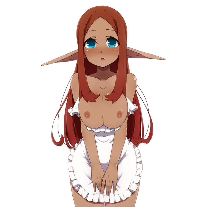 apron blue_eyes breasts collarbone dark_elf elf female large_breasts long_hair looking_up maid-chan_(maze) maze_(gochama_ze_gohan) naked_apron nipples open_mouth pointy_chin pointy_ears red_hair simple_background solo source_request transparent_background