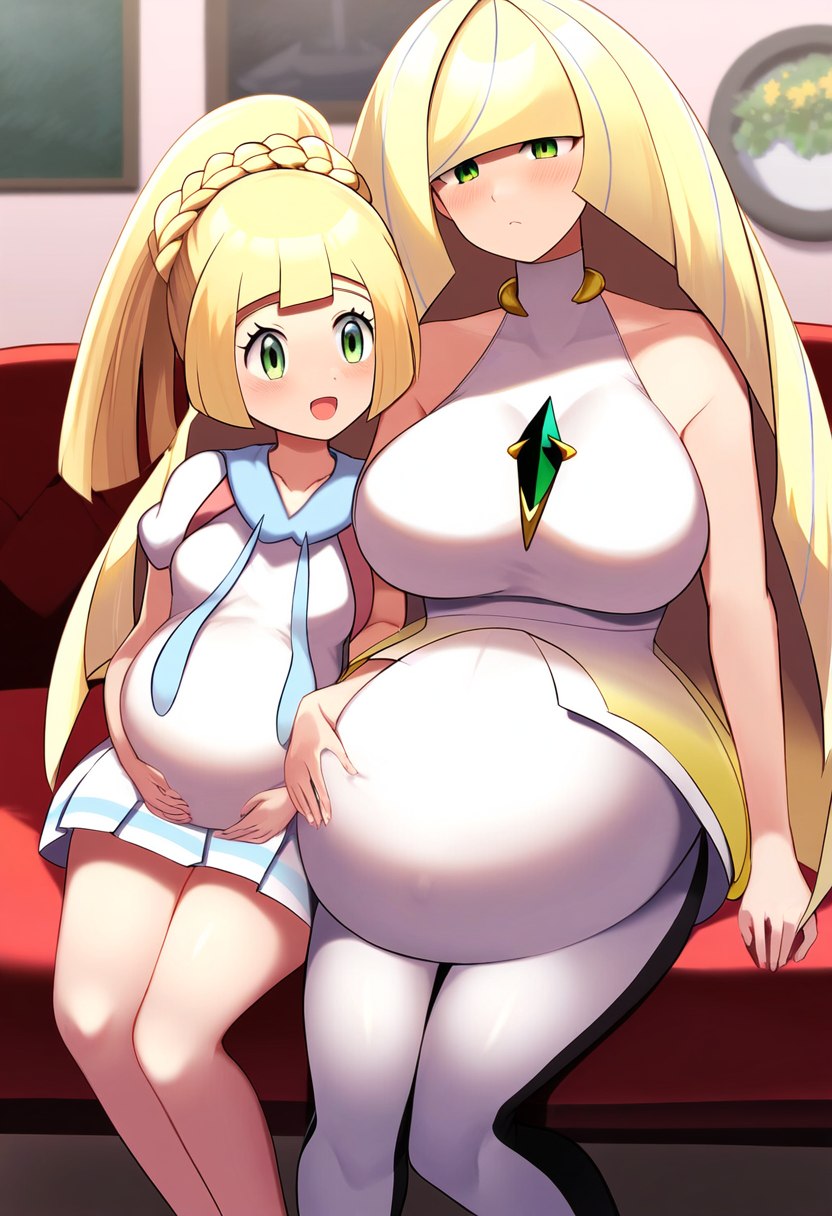 2girls ai_generated ai_hands bad_anatomy big_belly big_breasts blonde_hair double_pregnancy green_eyes lillie_(pokemon) lusamine_(pokemon) milf mother_and_daughter novelai pokemon pregnant pregnant_mother_and_daughter small_breasts