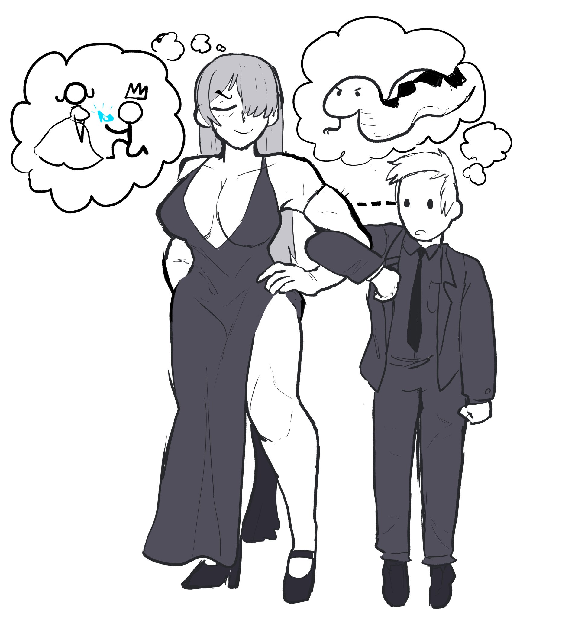 1boy, 1girls, ak-15 (girls' frontline), breasts, couple, dress, female, girls' frontline, height difference, hi res, high heels, hiltonhanoi, huge breasts, japversus, larger female, male, muscle mommy, muscles, muscular, muscular female, muses, revealing, revealing clothes, revealing dress, size difference, snake, straight, taller female, thoughts