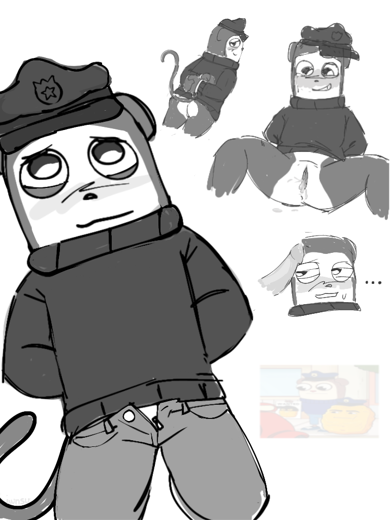 anthro blush cum cuntboy gegagedigedagedago handcuffs intersex max_(max_design_pro) max_design_pro monkey nugget_(max_design_pro) police_uniform