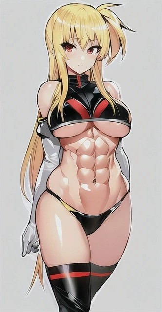 abs ai_generated bare_belly blonde_hair crop_top fate_testarossa large_breasts midriff muscular_female navel red_eyes underboob