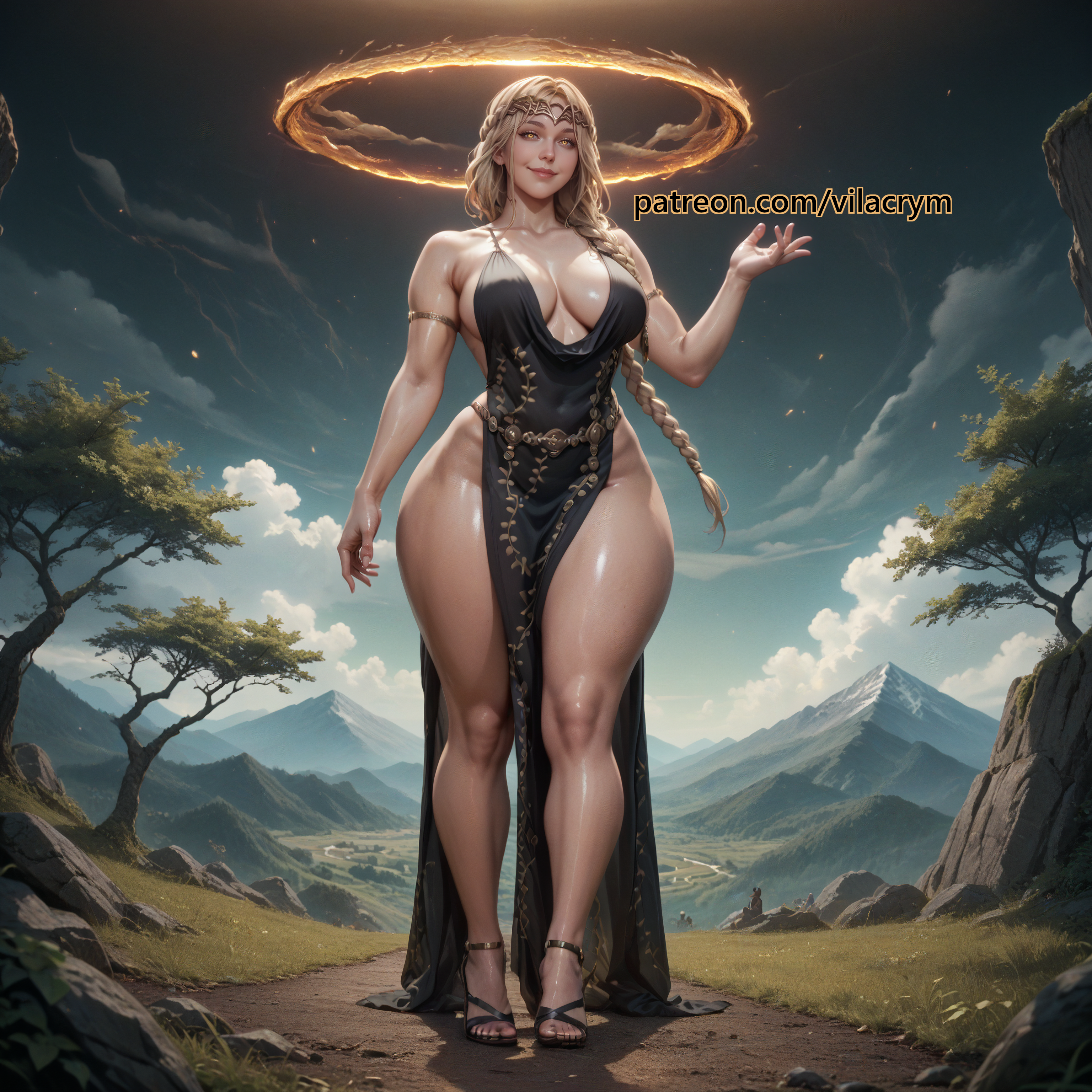 ai generated, big breasts, breasts, curvy, dress, elden ring, female, hourglass figure, pelvic curtain, queen marika the eternal, shiny skin, stable diffusion, thick thighs, vilacrym, wide hips