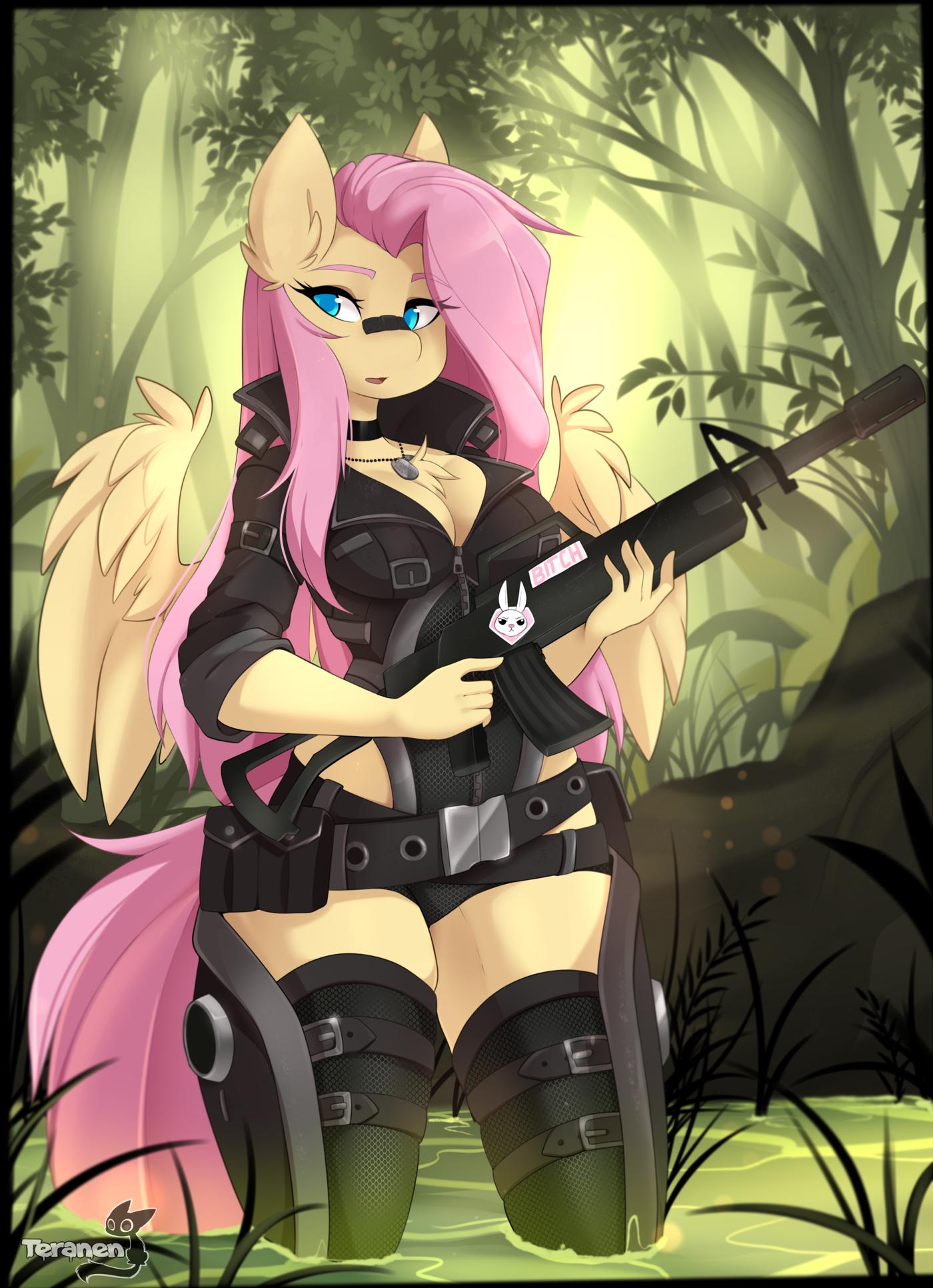 1girls 2019 5_fingers anthro blue_eyes day detailed_background equid equine feathered_wings feathers female female_only fingers fluttershy_(mlp) forest friendship_is_magic gun hair hasbro hi_res holding_gun holding_object holding_ranged_weapon holding_weapon legs_in_water looking_at_viewer mammal my_little_pony outside partially_submerged pink_hair plant ranged_weapon solo standing submerged_legs submerged_tail tail_in_water teranen tree weapon wings yellow_body yellow_feathers