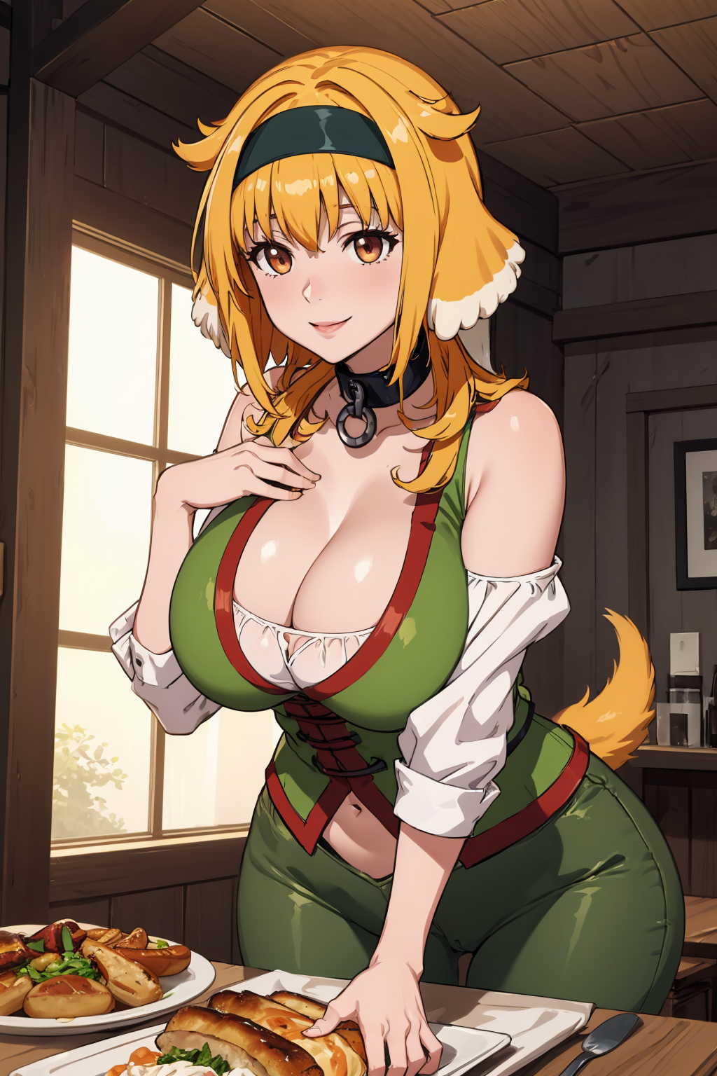 ai_generated big_breasts brown_hair demihuman dog_ears food fully_clothed roxanne_(isekai_meikyuu_de_harem_wo) slave_collar slavegirl smiling smiling_at_viewer thick_thighs wide_hips wolf_girl