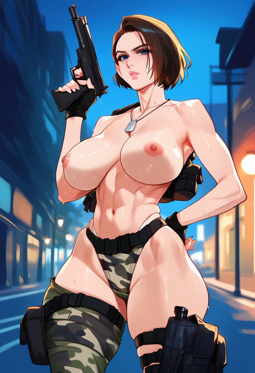 2d ai_generated artist_request camouflage capcom female_only gun jill_valentine jill_valentine_(sasha_zotova) night outdoors panties resident_evil solo solo_female solo_focus standing straps tagme topless topless_female