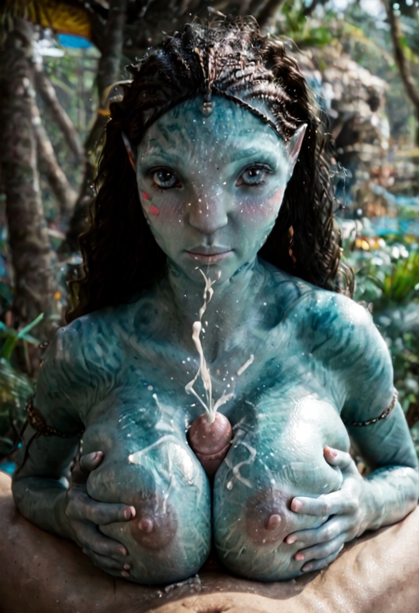 ai_generated alien alien_girl athletic_female avatar avatar:_the_way_of_water blue_body blue_skin blush cum cumshot female grabbing_breasts huge_breasts human human_penetrating interspecies light-skinned_male looking_at_viewer male_pov na'vi paizuri thanosdonginspector titfuck titjob tsireya