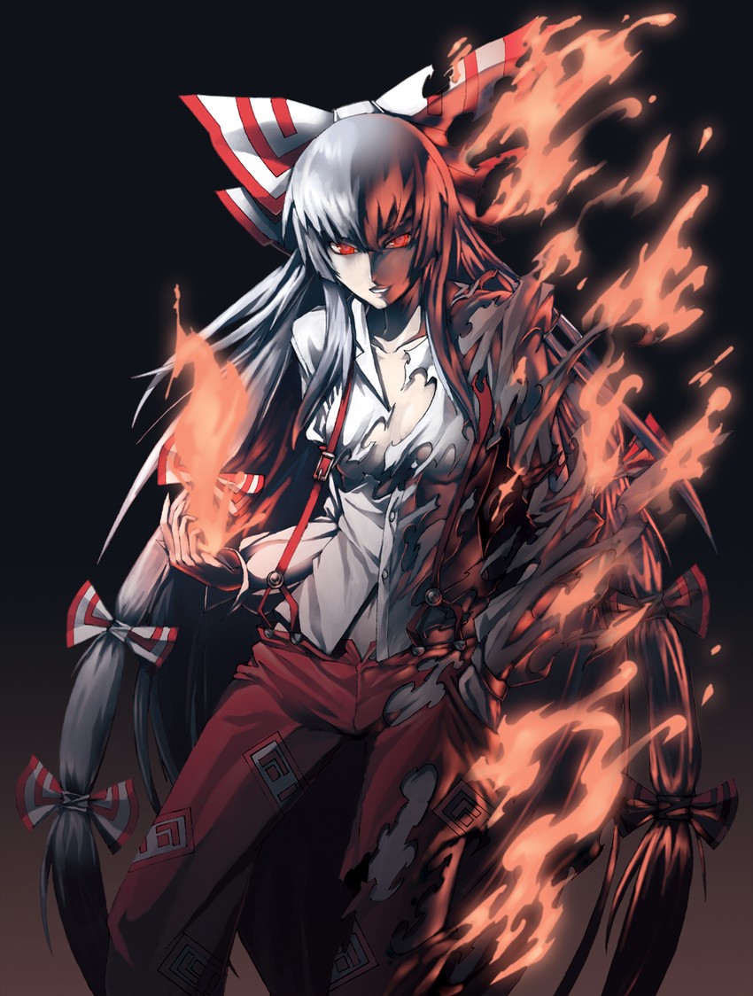 1girls bad_id bad_pixiv_id bow breasts burning fire fujiwara_no_mokou grey_hair hair_bow long_hair long_sleeves mazeran medium_breasts pants red_eyes ribbon smile solo suspenders tagme torn_clothes touhou very_long_hair