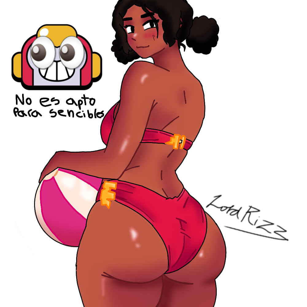 :3 artist_signature back_view behind_view big_ass big_butt big_thighs bikini black_hair blush blushing brawl_stars curly_hair dark-skinned_female ebony huge_ass looking_at_viewer looking_back lordrizz meg_(brawl_stars) meme red_bikini surge_(brawl_stars) text thick_thighs thong_bikini void