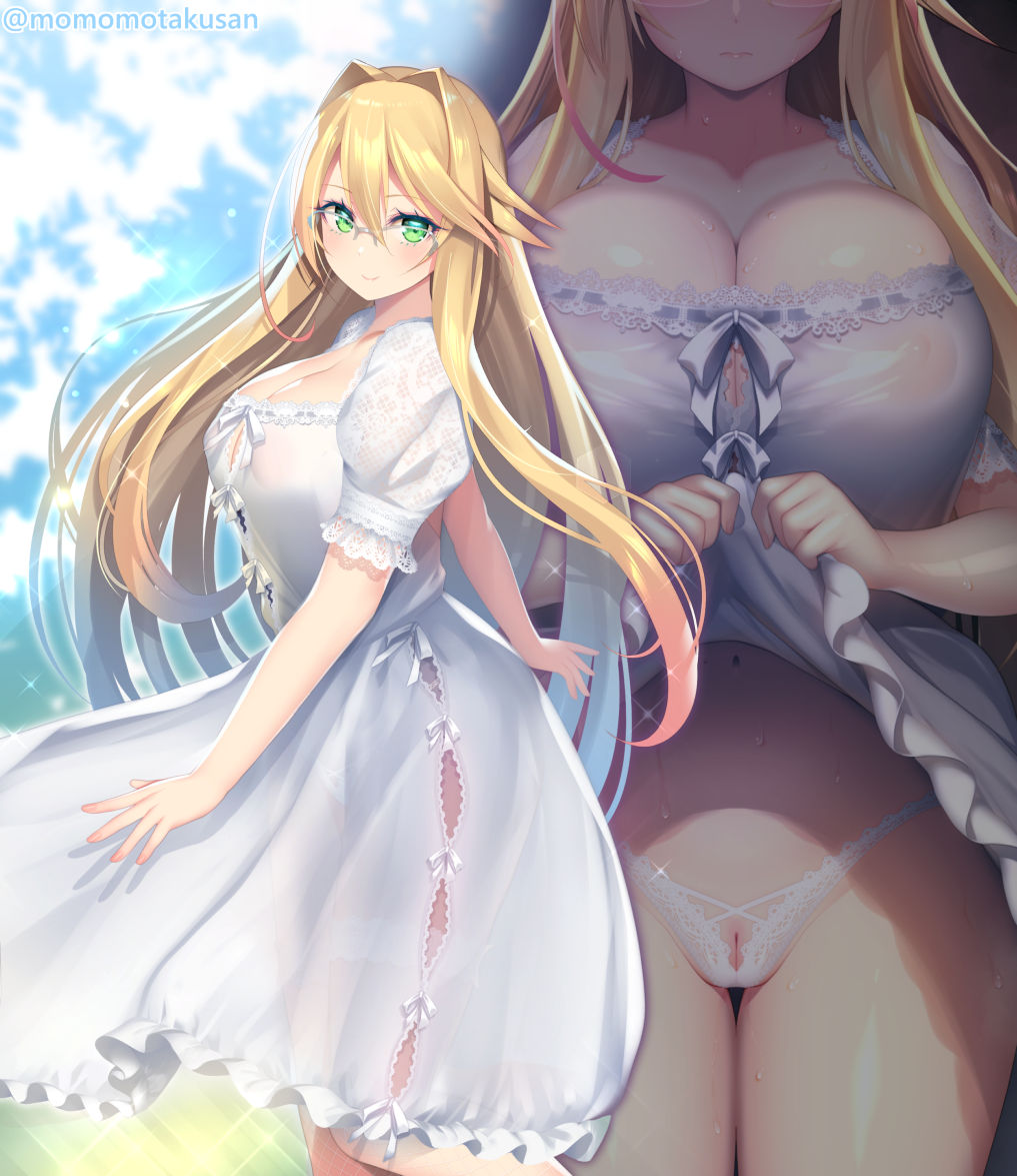 arima_senka blonde_hair breasts cleavage dress female glasses green_eyes hair_between_eyes kashiwamochi_yomogi large_breasts lifting_own_clothes long_hair looking_at_viewer navel original panties pussy see-through short_sleeves solo thigh_strap underwear white_dress