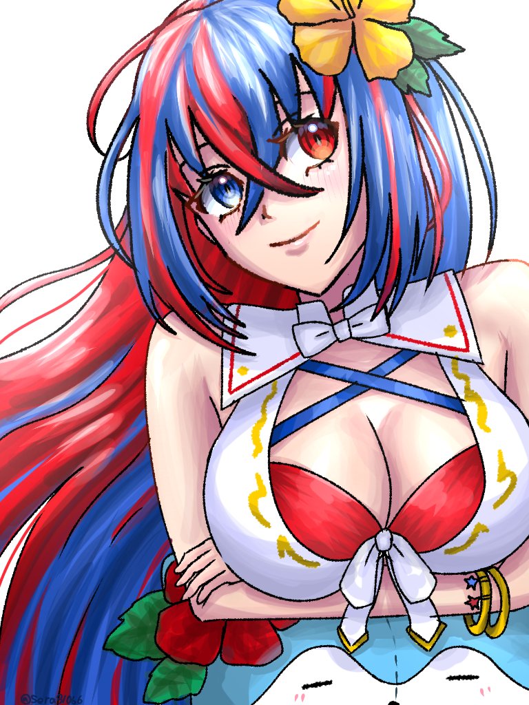 1girls alear_(female)_(fire_emblem) alear_(female)_(seaside_dragon)_(fire_emblem) alear_(fire_emblem) alternate_costume alternate_hairstyle arms_under_breasts ball bare_shoulders beachball bikini blue_eyes blue_hair breasts character_ball cleavage crossed_arms crossed_bangs female female_only fire_emblem fire_emblem_engage fire_emblem_heroes flower hair_between_eyes hair_flower hair_ornament heterochromia large_breasts long_hair looking_at_viewer multicolored_hair nintendo official_alternate_costume official_alternate_hairstyle ponytail red_bikini red_eyes red_hair red_swimsuit sera31066 smile sommie_(fire_emblem) swimsuit twitter_username two-tone_hair upper_body very_long_hair white_background white_bikini white_swimsuit