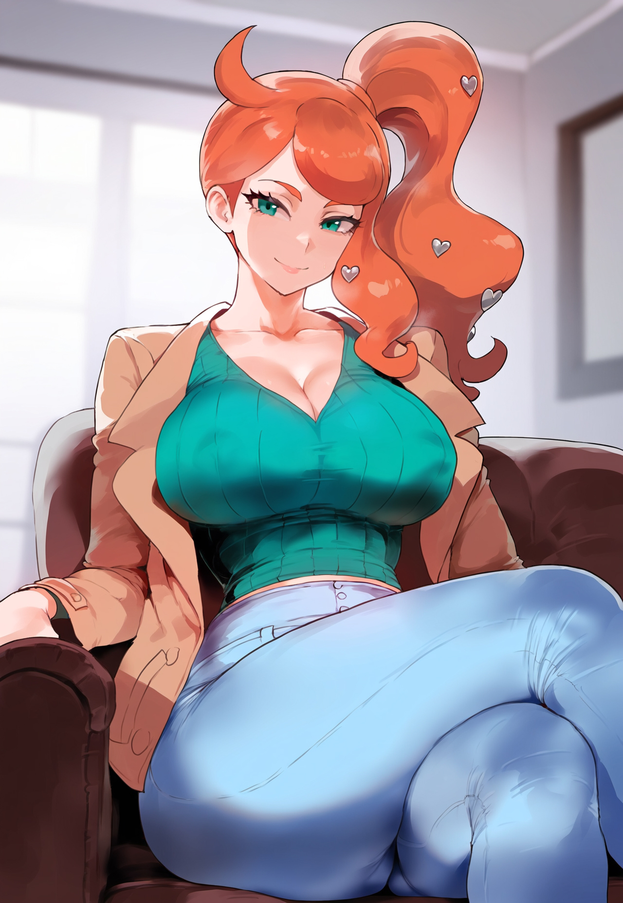 1girls, ai generated, aqua eyes, artstyle imitation, breasts, female, floox, game freak, hi res, high resolution, huge breasts, large breasts, light skin, light-skinned female, long hair, nintendo, orange hair, pokemon, pokemon ss, side ponytail, sonia (pokemon), stable diffusion, thick thighs, wide hips