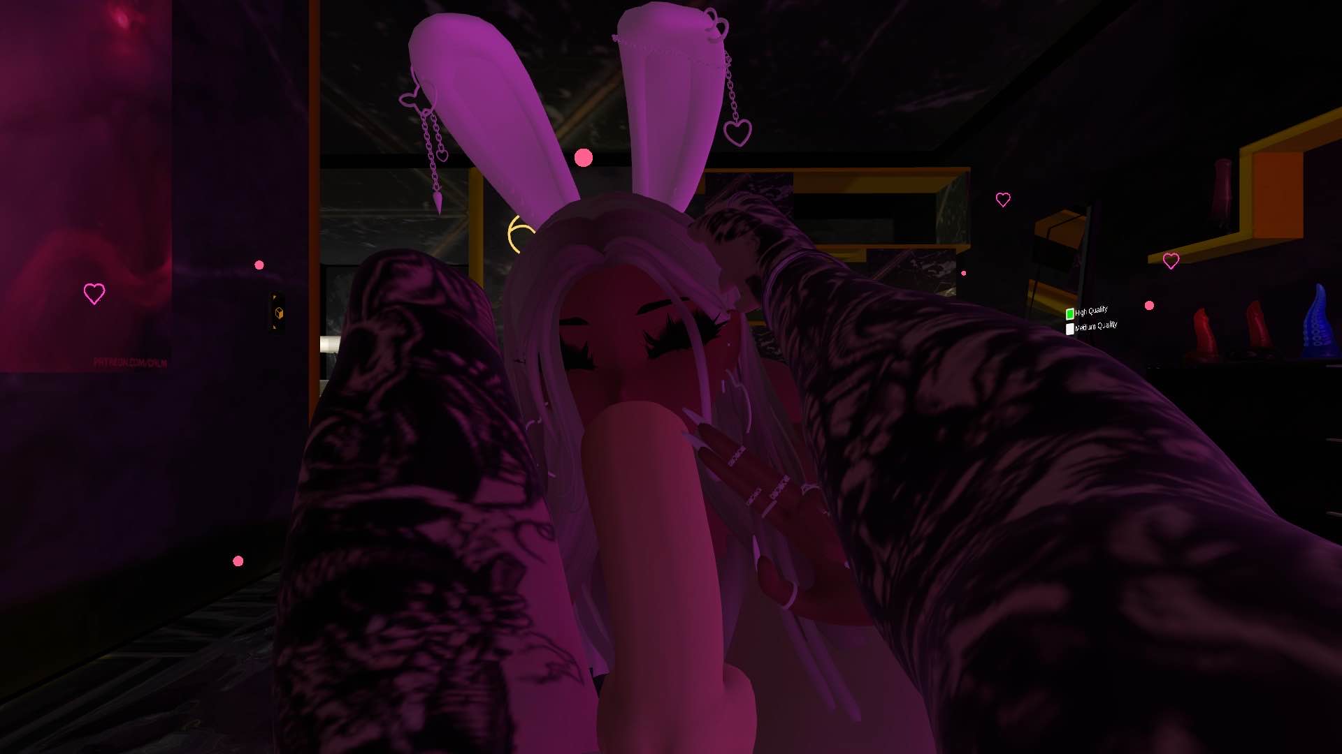 1boy 1boy1girl 1girls bedroom blowjob brown_skin bunny_girl deepthroat late_night naked purple_light sex spoopyb0i sucking_penis vibe vrcfemboy vrchat vrchat_avatar white_skin