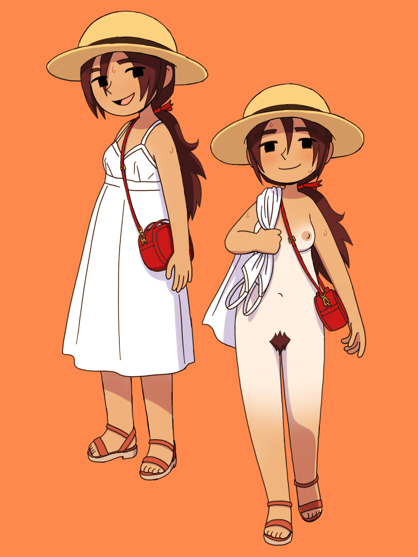 1girls, bangs, breasts, brown hair, clothes removed, dress, female, female pubic hair, full body, hair between eyes, handbag, looking at viewer, low ponytail, nekobungi, nipples, nude, orange background, pubic hair, pussy, sandals, simple background, small breasts, standing, sweat, tagme, tanline, walking, white dress