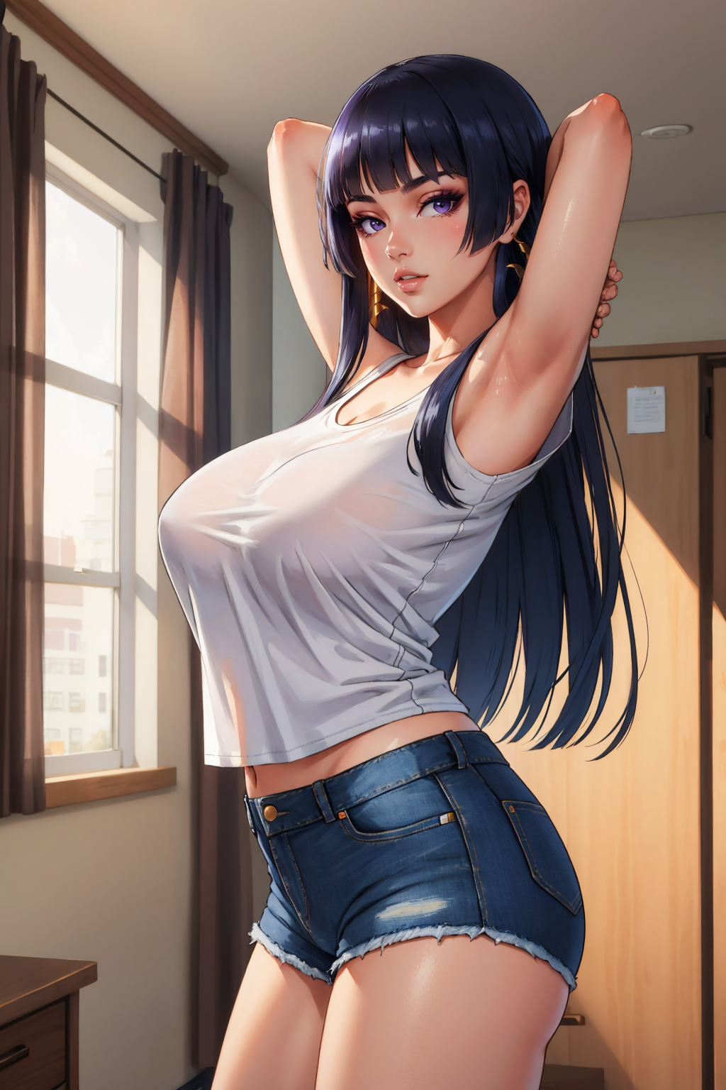 ai_generated armpits arms_behind_head arms_up bangs bare_shoulders black_hair blue_shorts blunt_bangs blush breasts cleavage clothing curtains cutoffs dead_or_alive denim denim_shorts earrings erect_nipples female female_only hime_cut huge_breasts indoors jewelry kachanai large_breasts lips long_hair looking_at_viewer midriff mole mole_under_mouth navel nyotengu parted_lips purple_eyes see-through shirt short_shorts shorts sleeveless solo standing tank_top thighs window