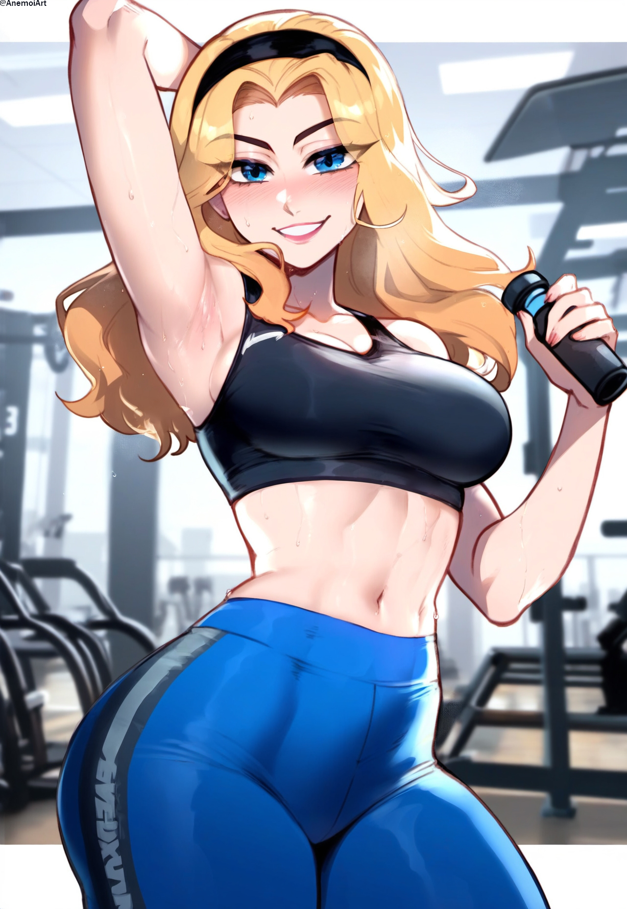 1girls, ai generated, anemoi, arm up, armpit, blue eyes, blush, bra, breasts, female, front view, gym, gym clothes, gym uniform, league of legends, looking at viewer, luxanna crownguard, presenting, riot games, solo, solo female, sweat, sweating, sweaty, sweaty armpit, workout clothes, yoga pants