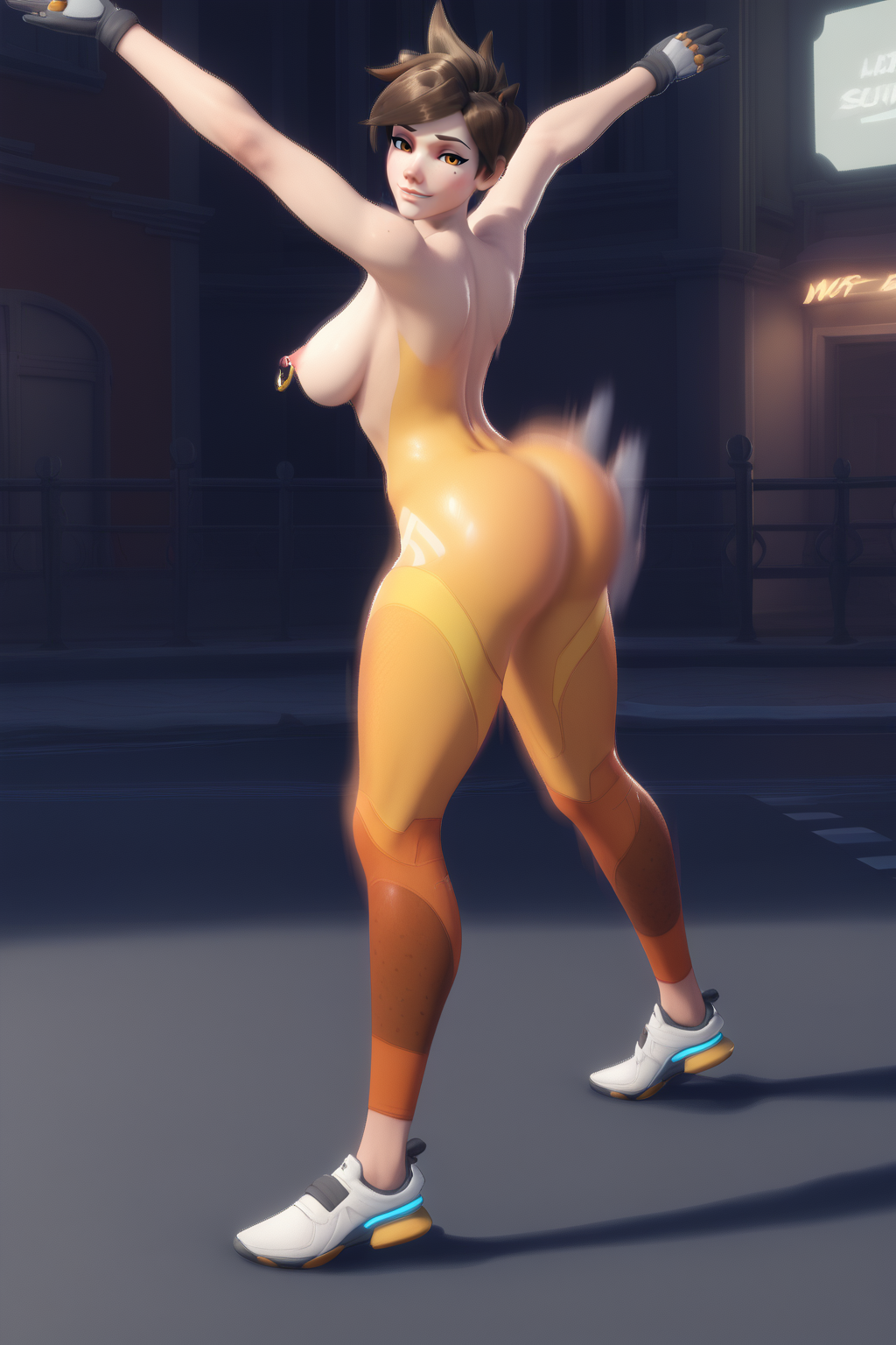 ai_generated big_ass dancing high_speed_twerking huge_ass motion_lines nipple_piercing nipple_rings overwatch overwatch_2 smile speedster stable_diffusion super_speed tracer twerking twopee